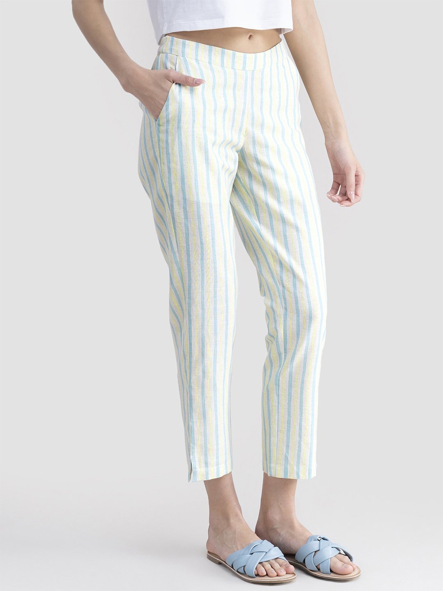 Pink Fort Yellow & Blue Cotton Striped Pants