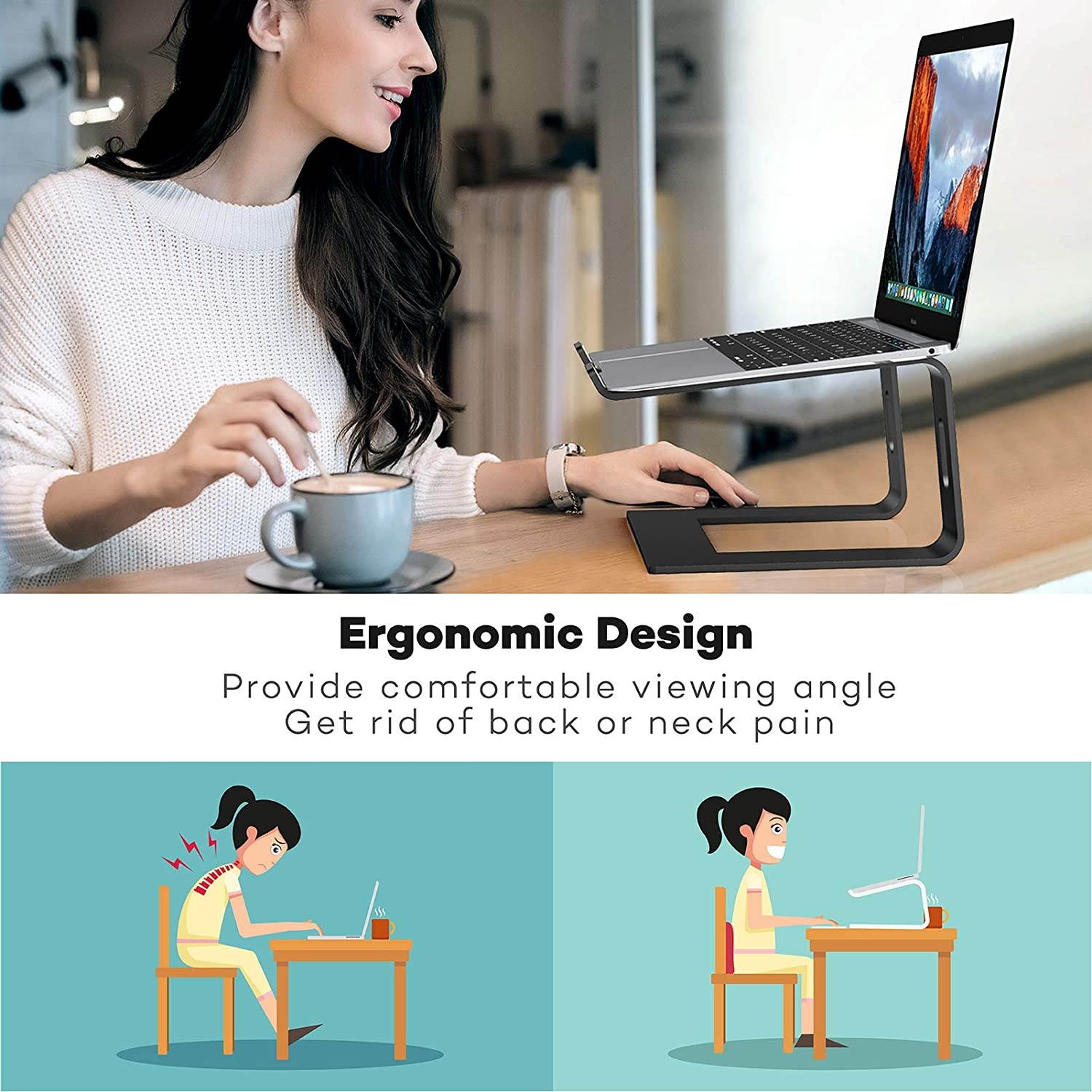 LEHOM Laptop Stand Aluminum Ergonomic Computer Raised Stands Holder Laptop Riser For Desk Detachable Desktop Stand Elevator for Macbook Pro Air Chromebook Dell HP More 10-15.6 inch LaptopsBlack