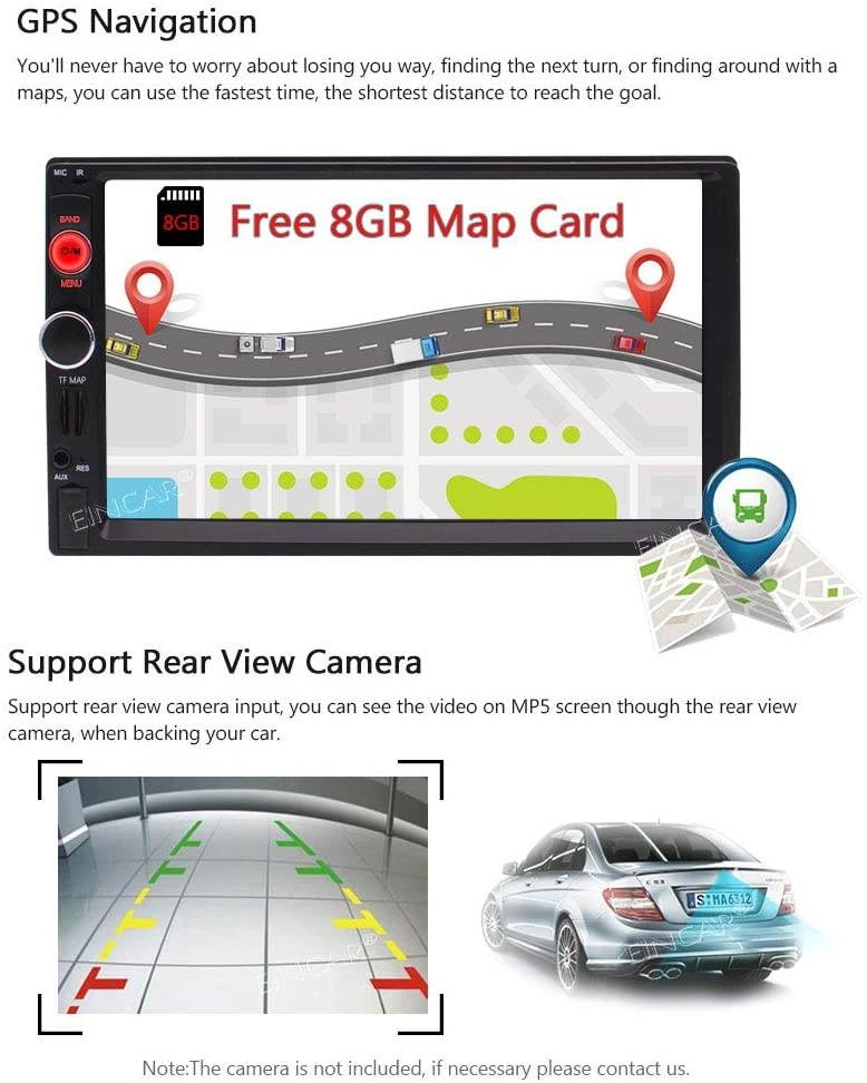 Eincar 7-inch in Dash Double DIN Car Player Auto Audio Stereo Capacitive Touch Screen with 8GB GPS Navigation Map Card Bluetooth Music Video from USB/SD FM Radio for Universal Remote Control Wireles