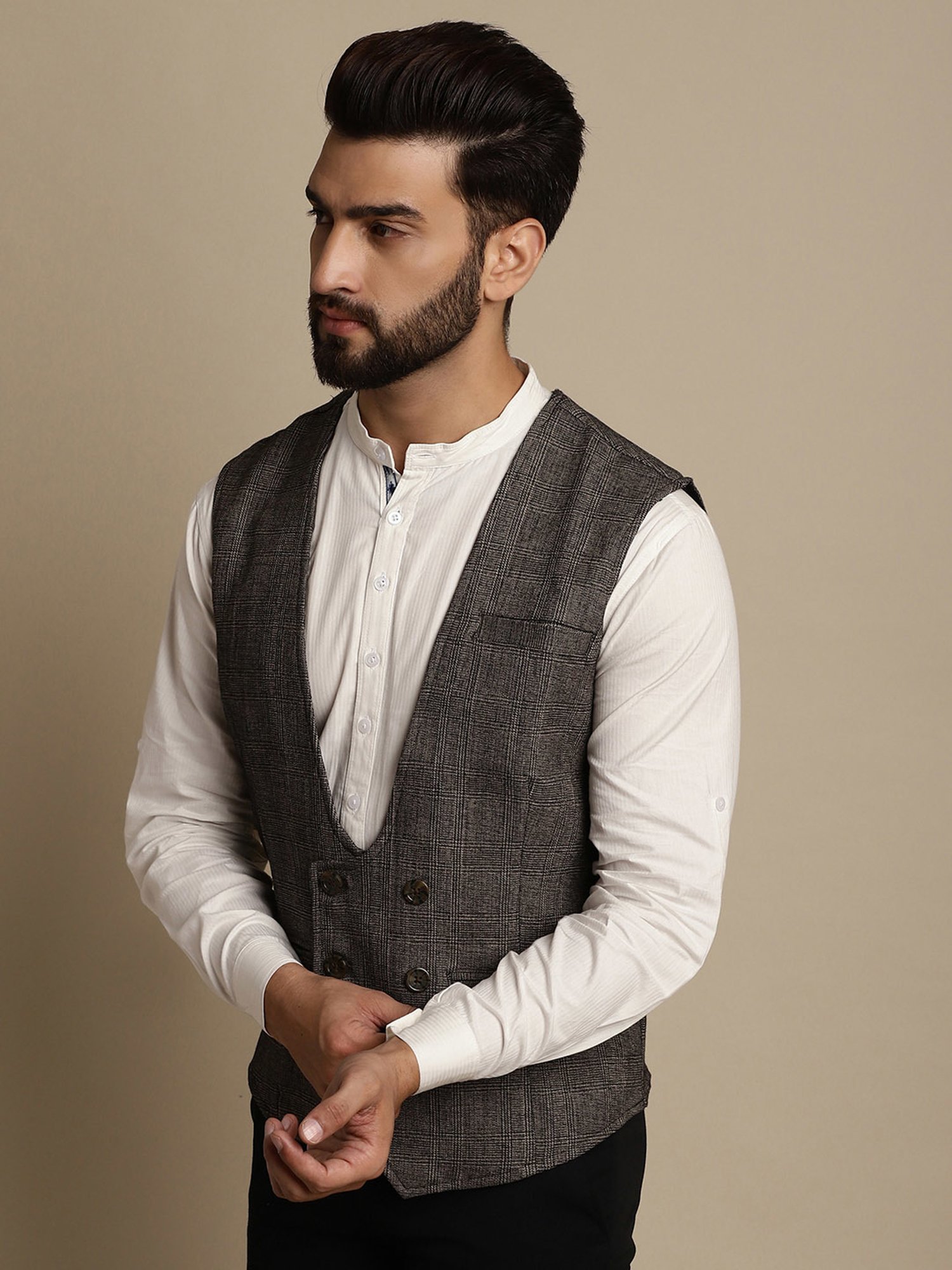 Even Brown Regular Fit V Neck Check Waistcoat