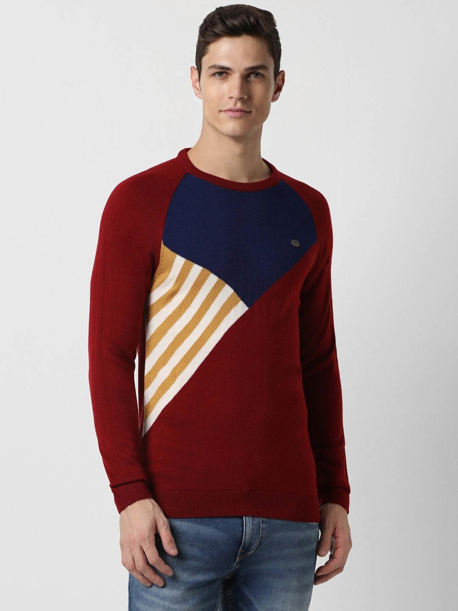 Peter England Casuals Maroon Regular Fit Colour Block Sweater