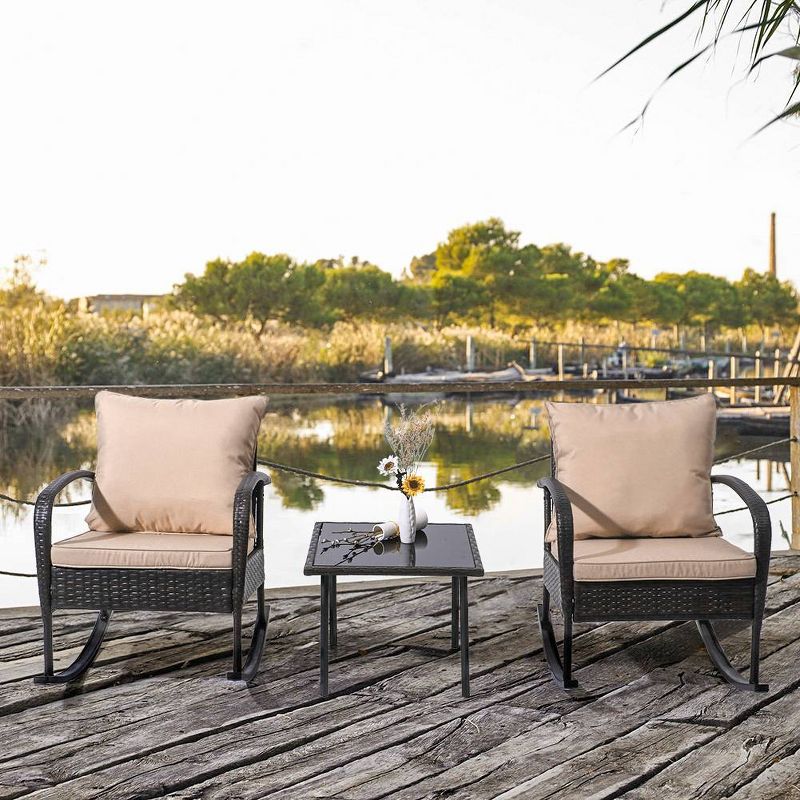 3pc Outdoor Wicker Rattan Rocking Chairs with Glass Top Table - Tan - Crestlive Products