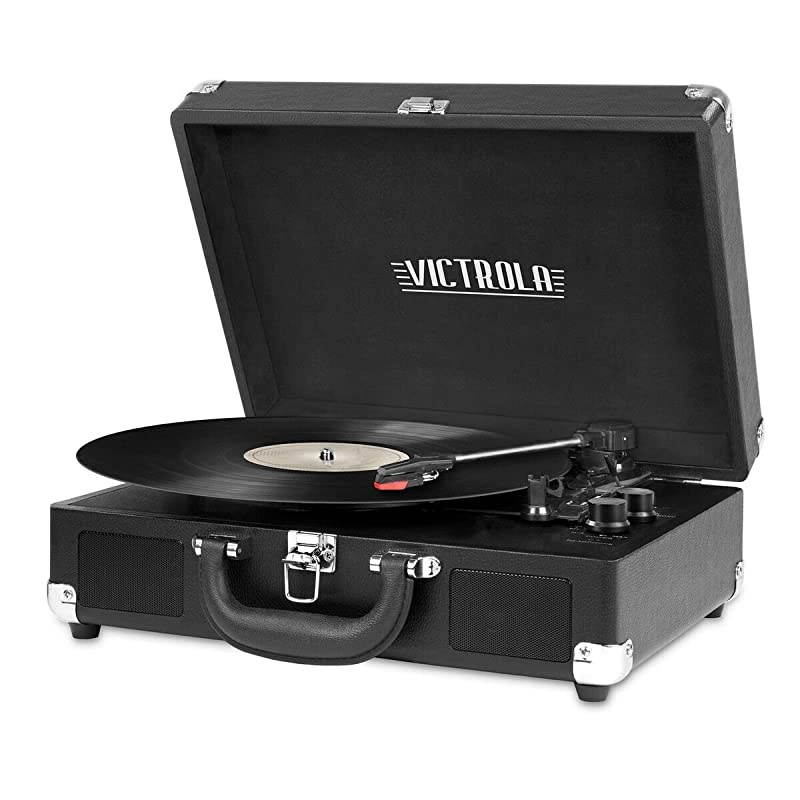Vintage 3-Speed Bluetooth Portable Suitcase Record Player with Built-in Speakers | Upgraded Turntable Audio Sound| Includes Extra Stylus | Black, Model Number: VSC-550BT-BK