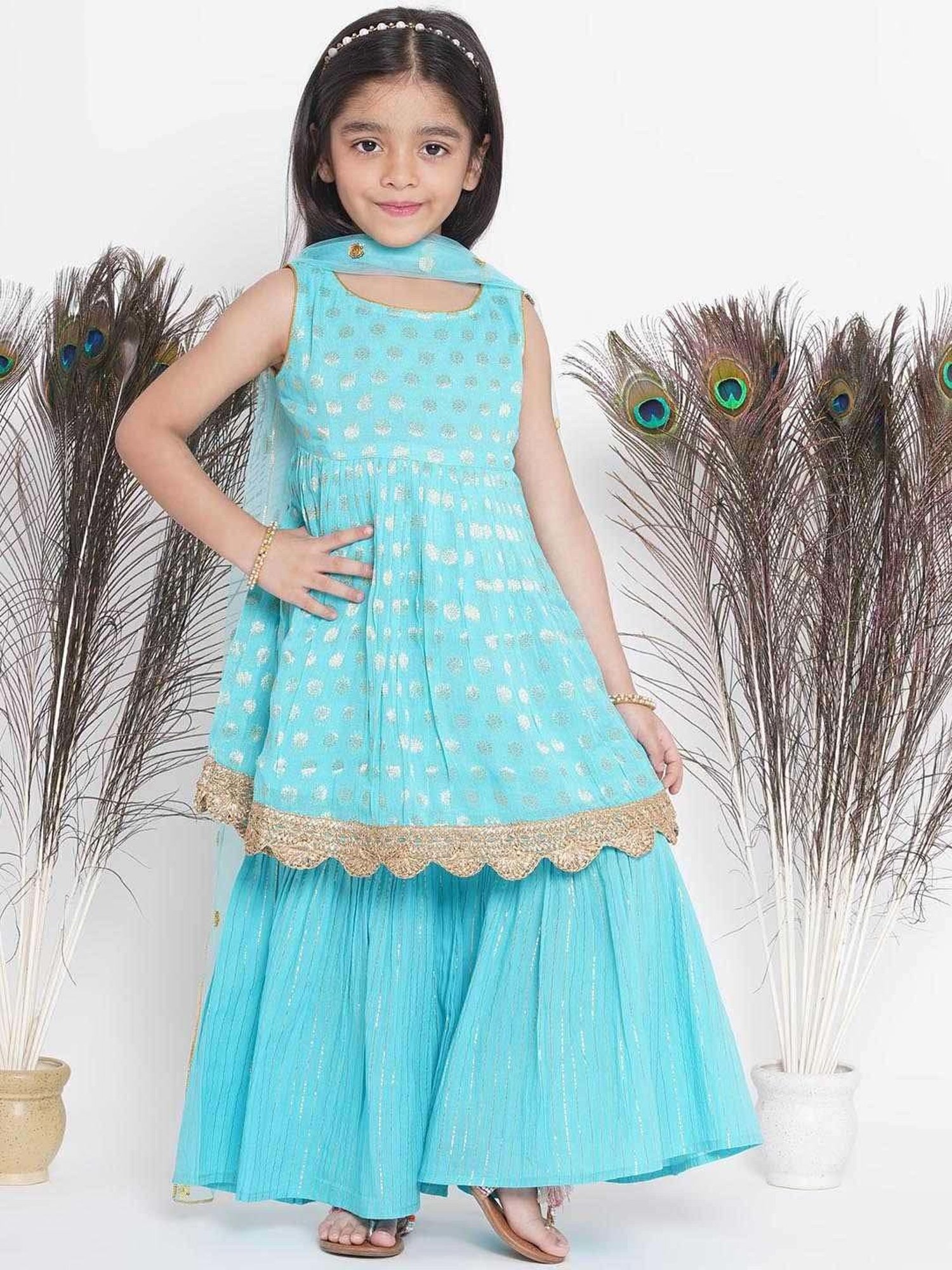 Little Bansi Blue Cotton Floral Print Kurta Set