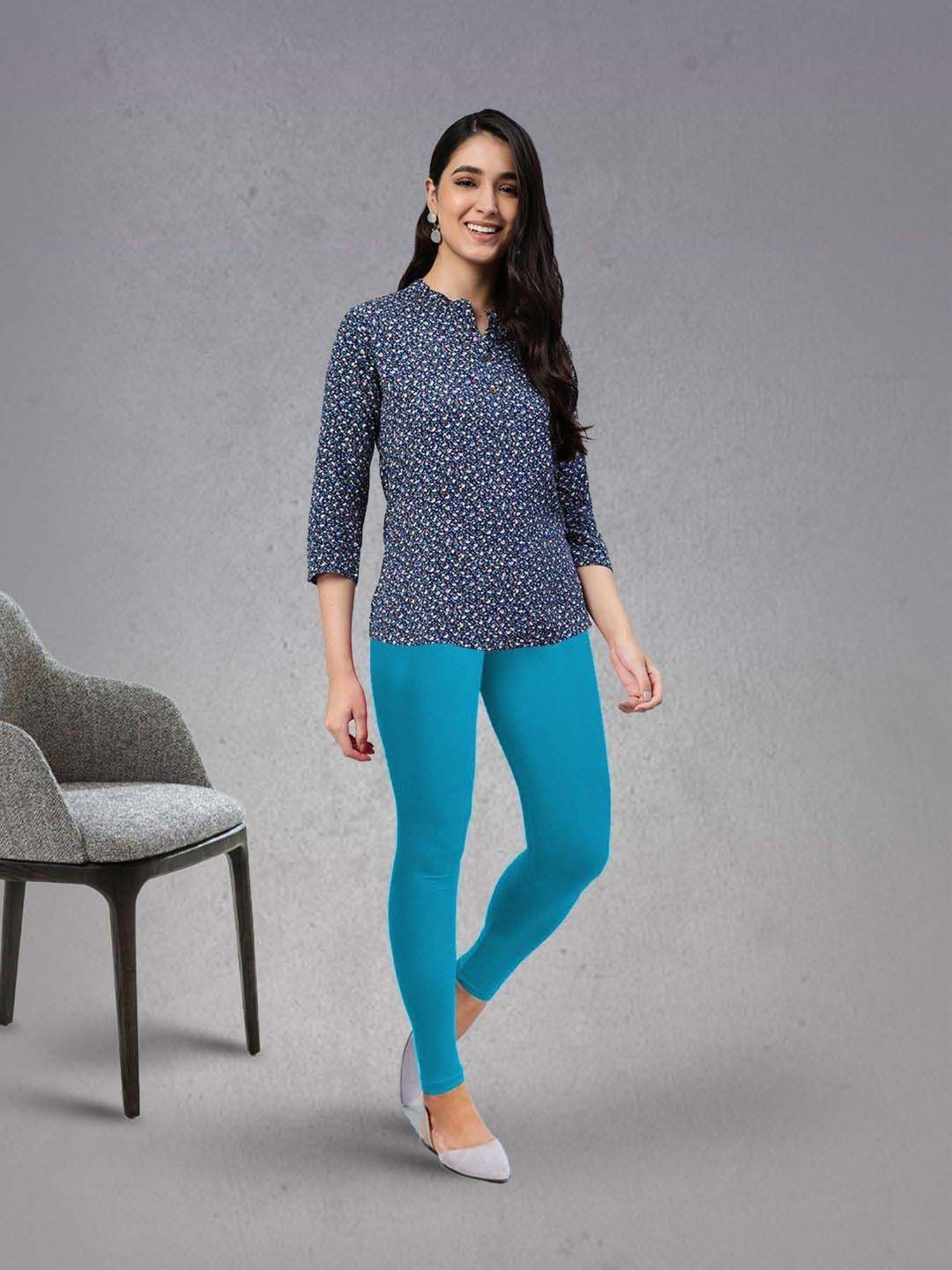Lyra Blue Cotton Ankle Length Leggings