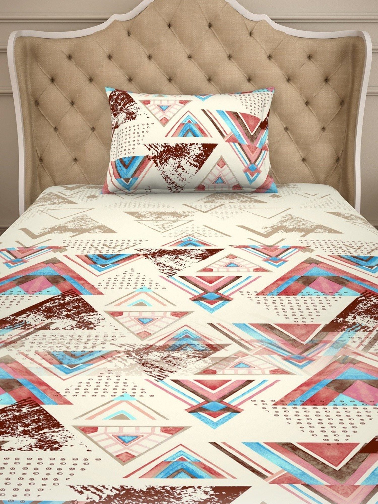 Welspun Geometric Multicolor Cotton Single Bedsheet with Pillow Cover