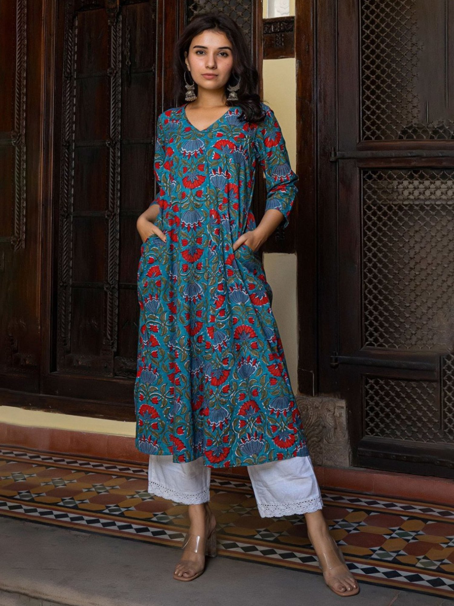 Eeshva India Green Hand Blocked Kali Kurta In Cotton