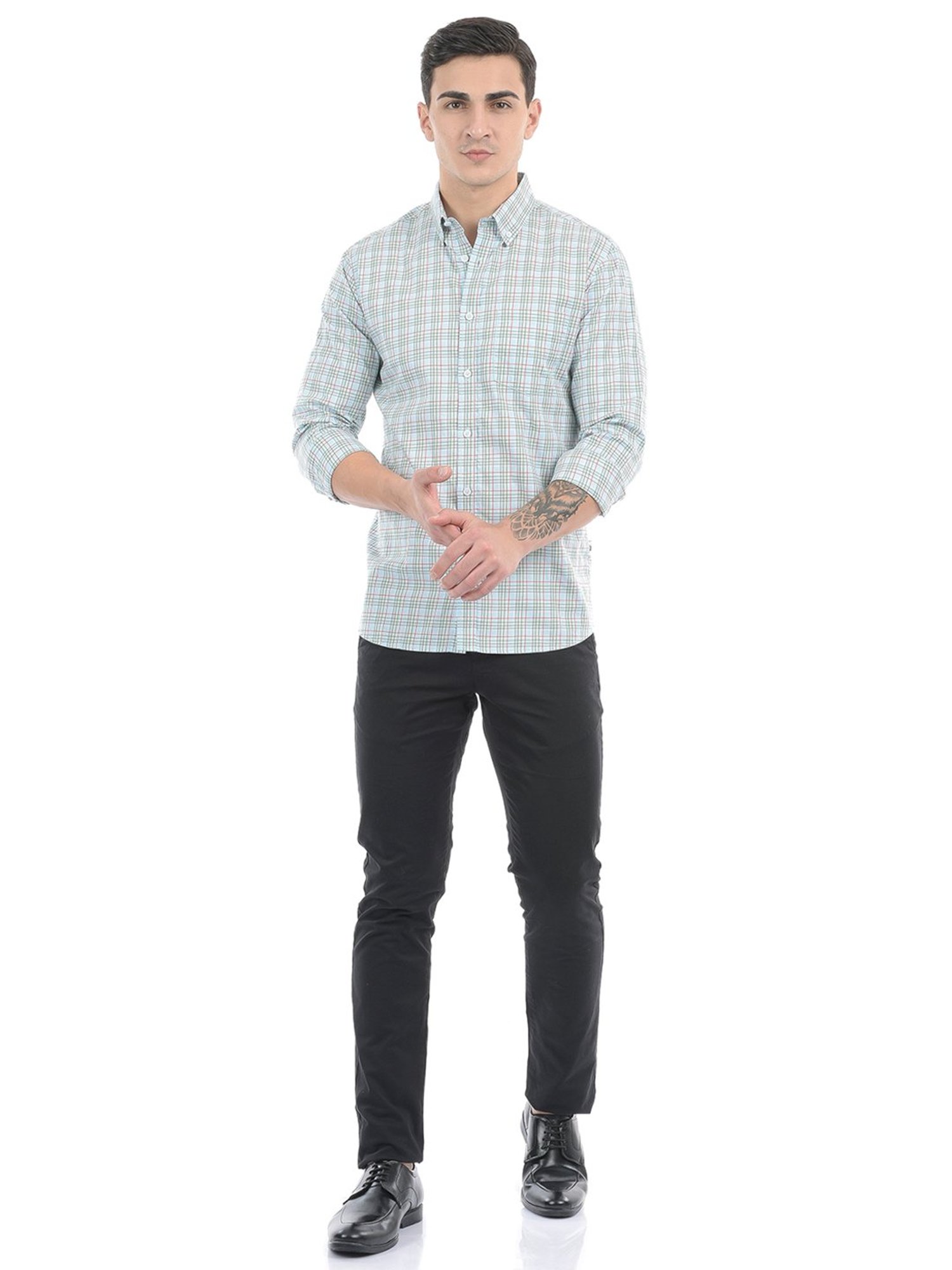 London Fog Light Blue Regular Fit Check Cotton Shirt
