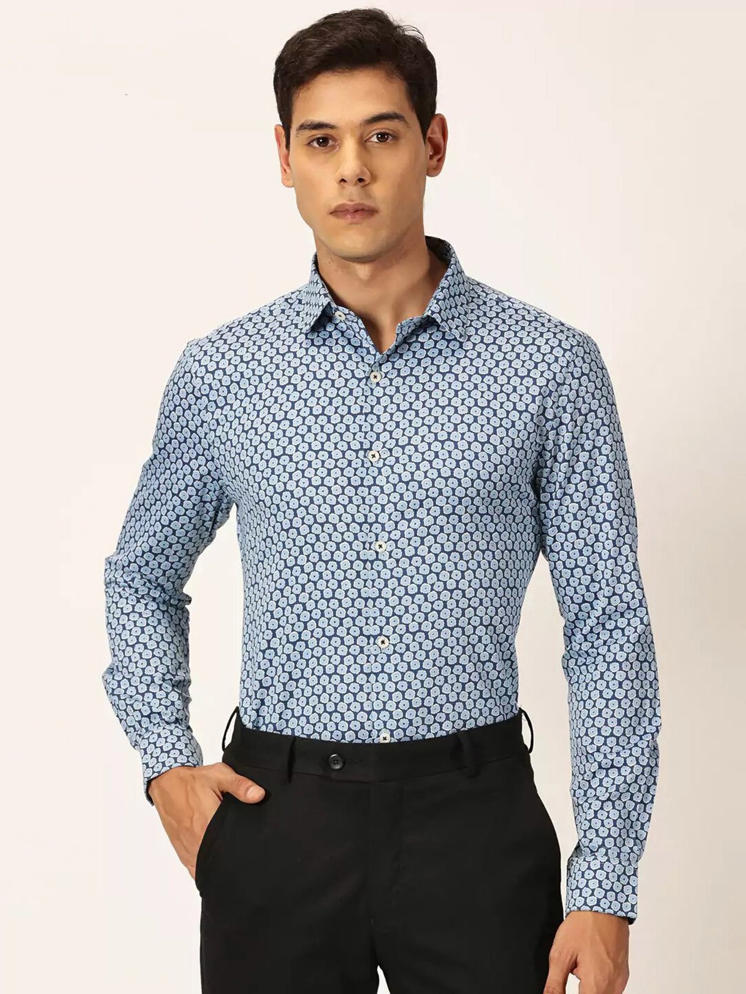 Thomas Scott Blue Slim Fit Printed Cotton Shirt