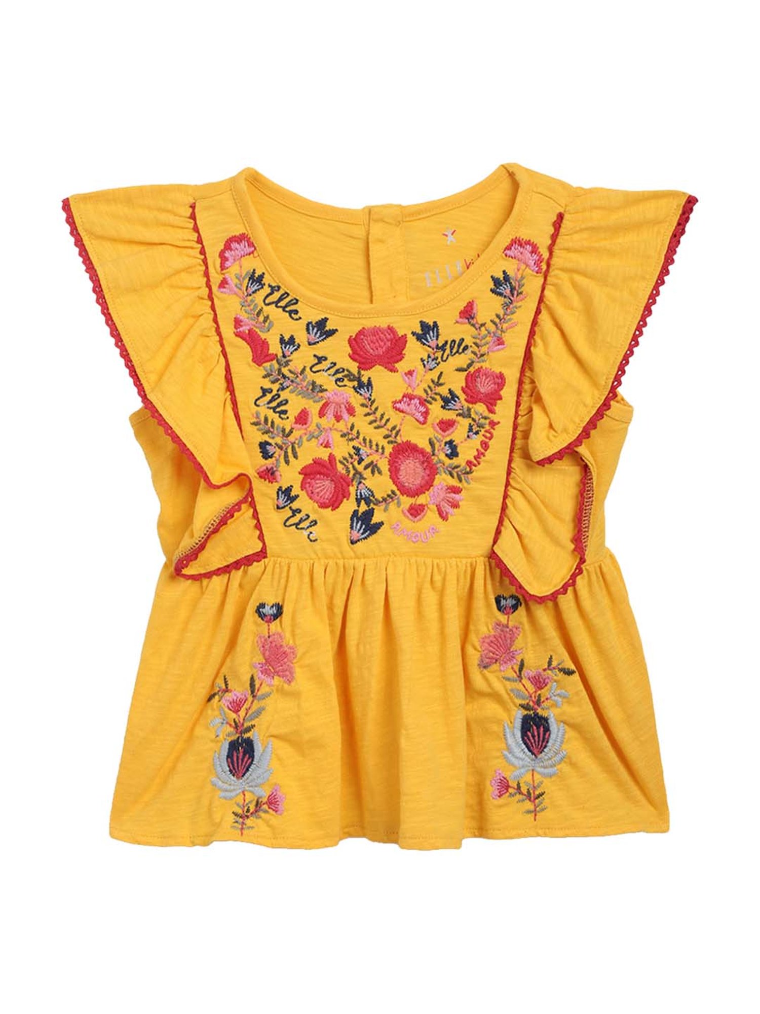 Elle Kids Yellow Cotton Embroidered Top