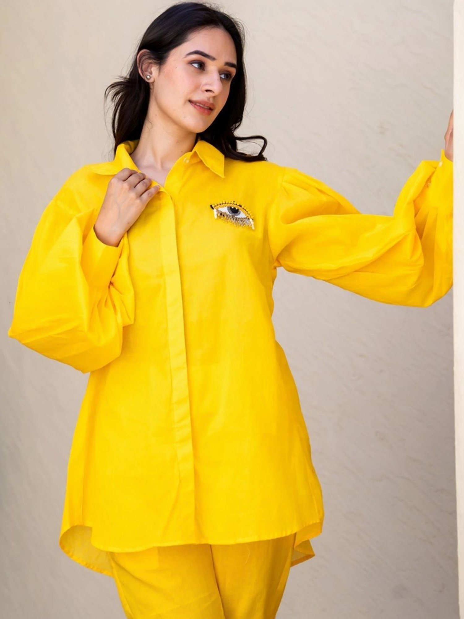 HOUSE OF JAMOTI Yellow Cotton Embellished Tunic Pant Set