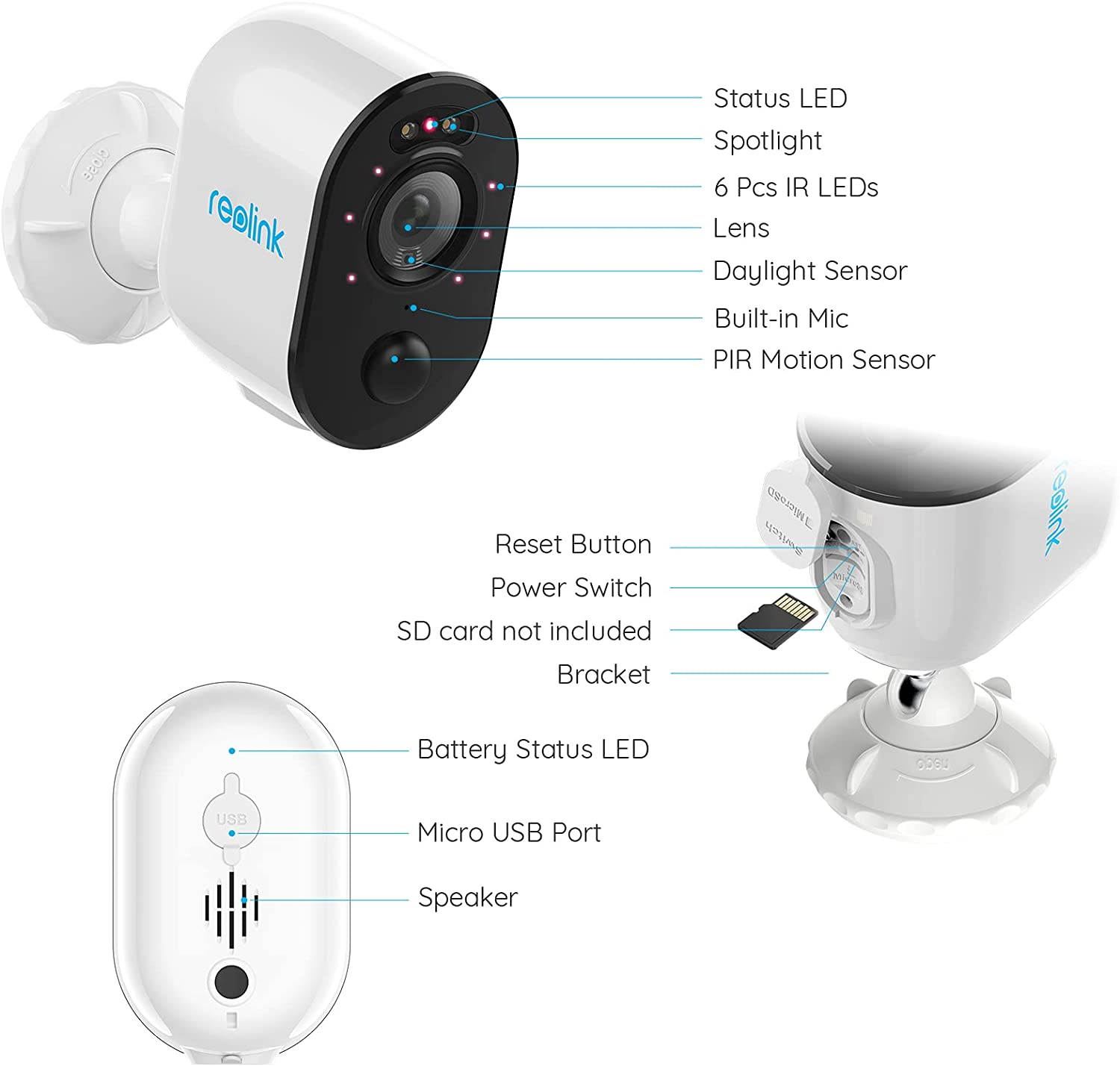 Reolink Outdoor Spotlight 1080P HD Wireless Battery/Solar Powered WiFi IP Camera Argus 3, PIR Motion Alerts, 2-way Audio, Color Night Vision, Work With Google Assistant, Reolink Argus 3