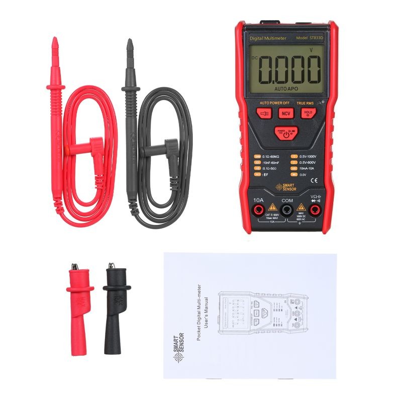 SMART SENSOR Full-automatic Multimeter LCD Display NCV Mode High Precision Multifunctional Small Multimeter Portable Electrical Household Universal Meter with Flashlight ST833D