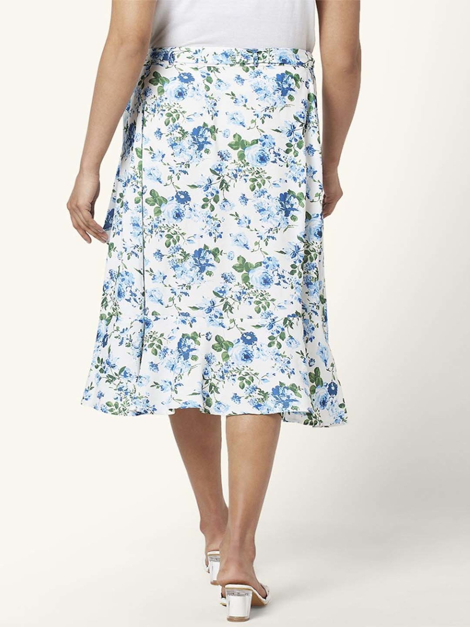 Honey by Pantaloons White & Blue Floral Print Wrap Skirt