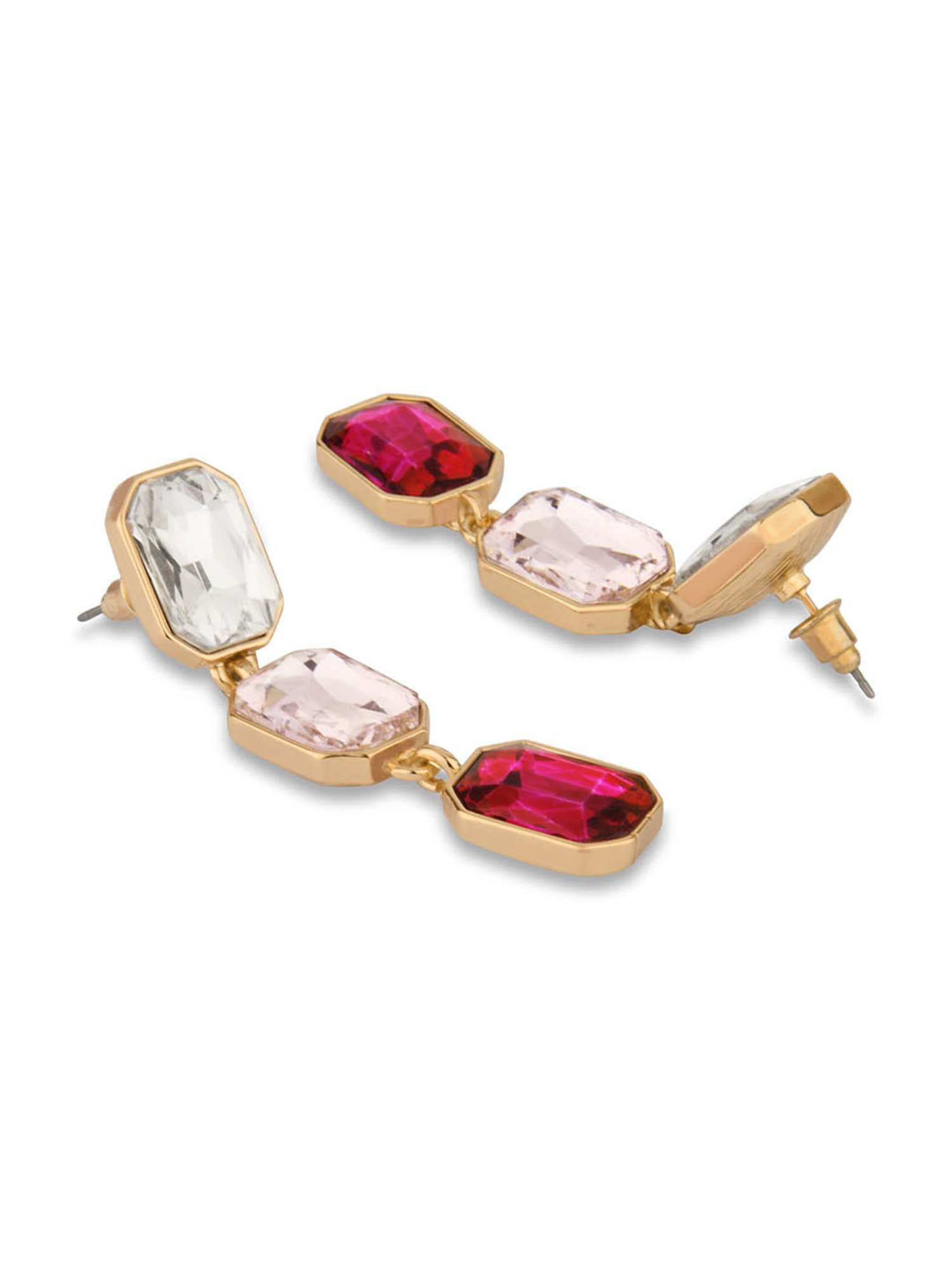 ToniQ Stylish Pink Gem Stone 3 Tiered Dangler Earrings for Women