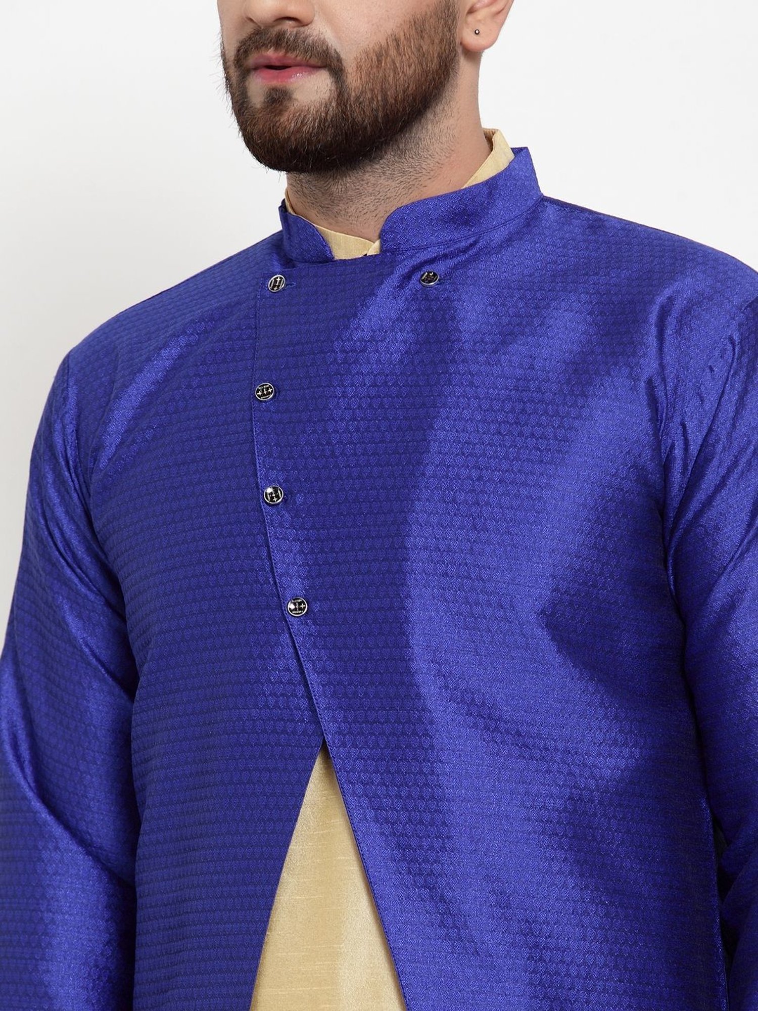 Benstoke Gold & Royal Blue Regular Fit Self Pattern Kurta Set With Jacket