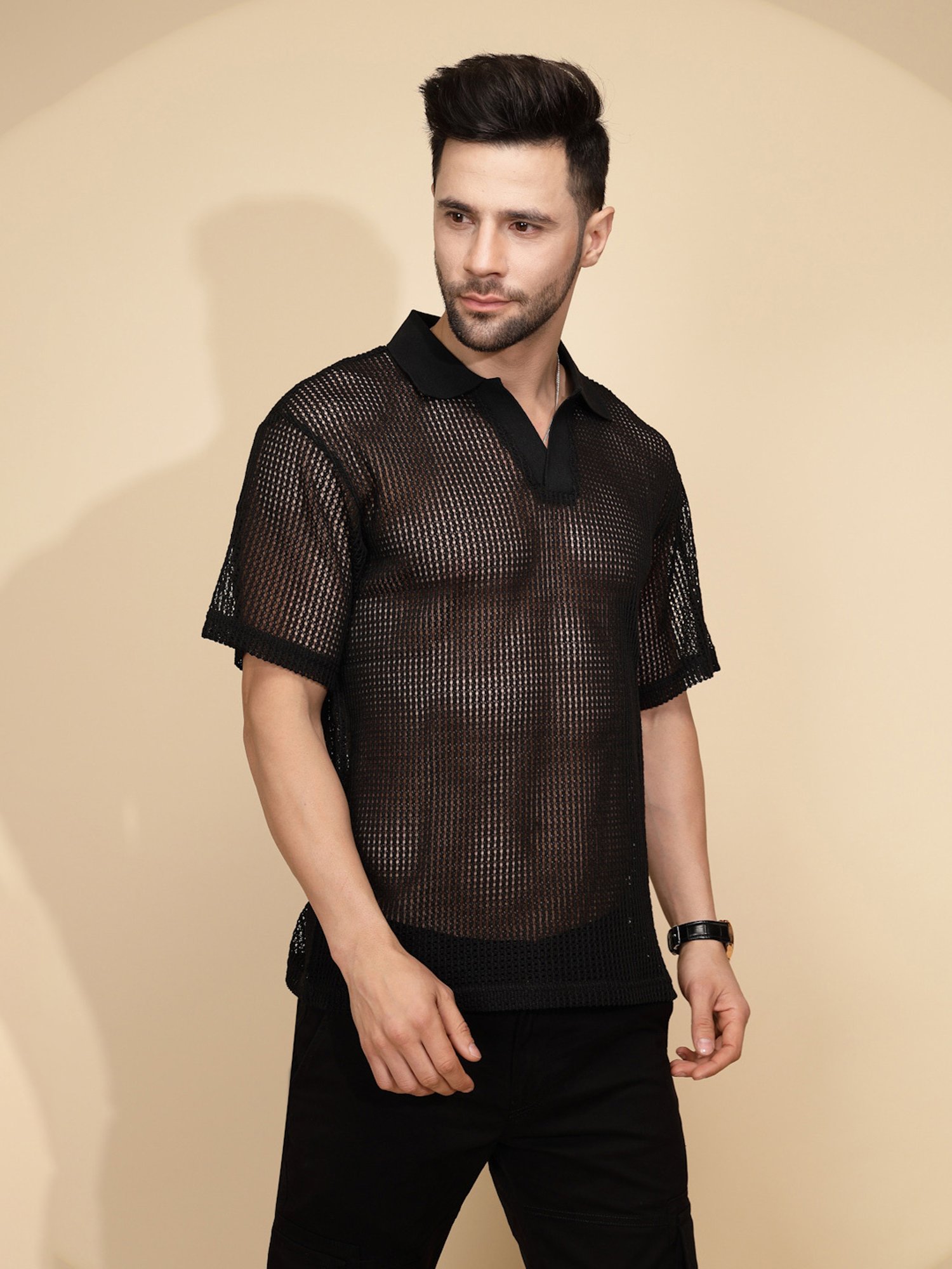 Global Republic Black Regular Fit Self Design Polo T-Shirt