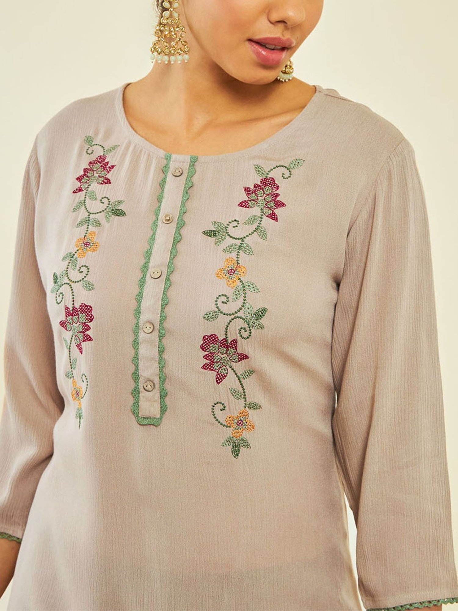 Soch Beige Crepe Floral Threadwork Embroidered Round-Neck Tunic
