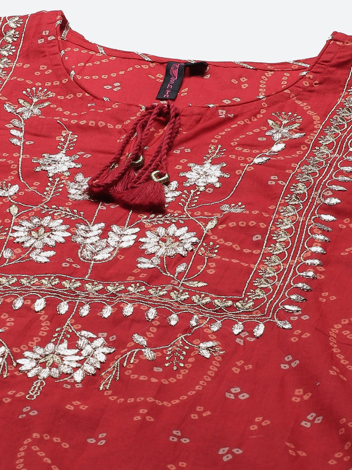 Ishin Red Pure Cotton Embroidered Kurta Sharara Set