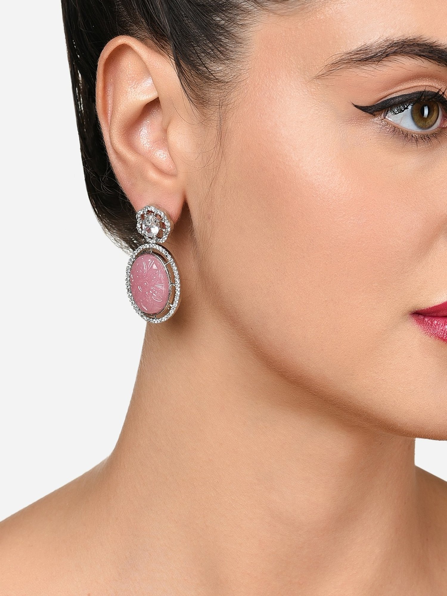 Zaveri Pearls Pink Stone Cubic Zirconia Embellished Brass Contemporary Drop Earring-ZPFK15824