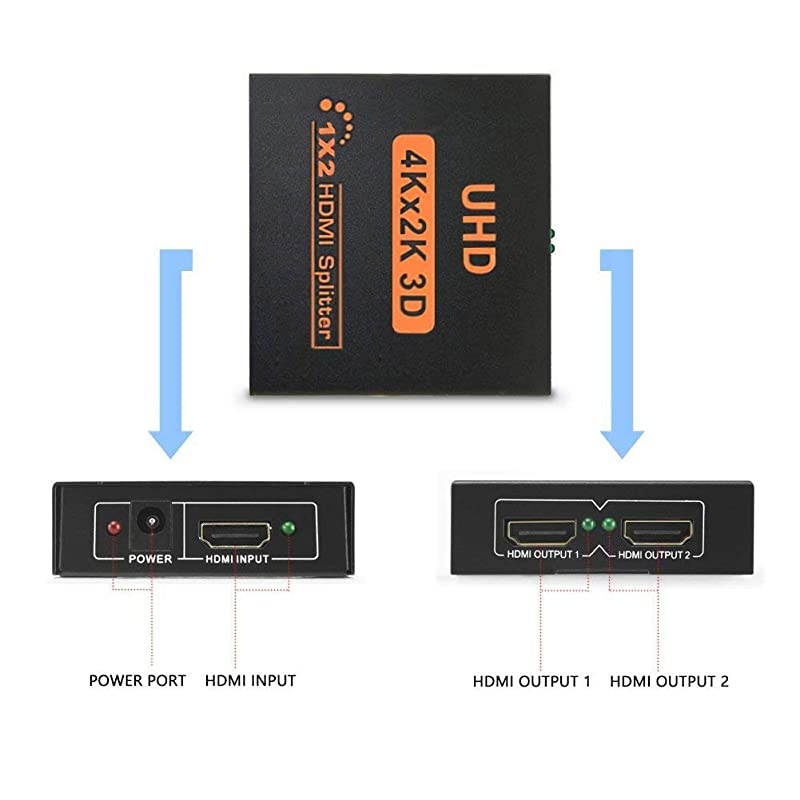 HDMI Splitter 4K 1 in 2 Out,4K HDCP V1.4,HDMI Splitter 1X2 HDMI Splitter Full UHD 4K 1080P,Support 4Kx2K,3D,HD 3840 x 2160 Resolution (One Input to Two Outputs)