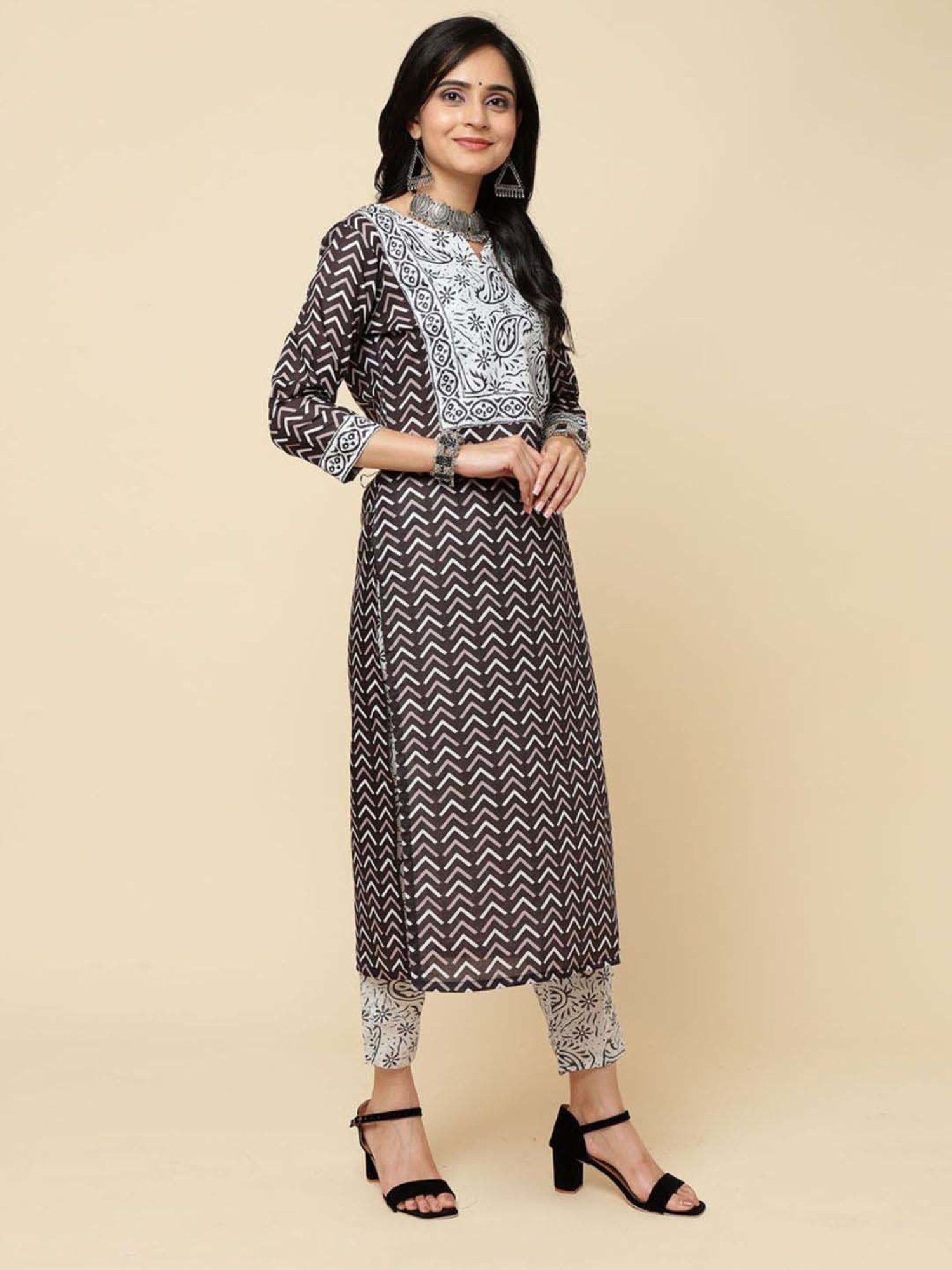 Odette Black Printed Kurta & Pant Set with Dupatta