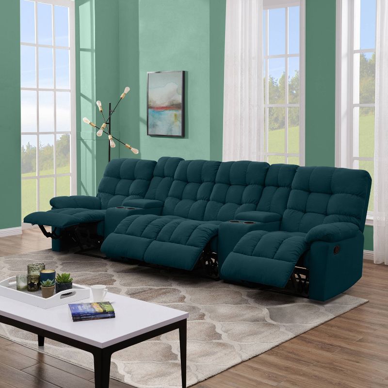 Alma 4 Seat Tufted Wall Hugger Recliner Sofa with Power Storage Console Plush Low Pile Velour Peacock Blue - ProLounger