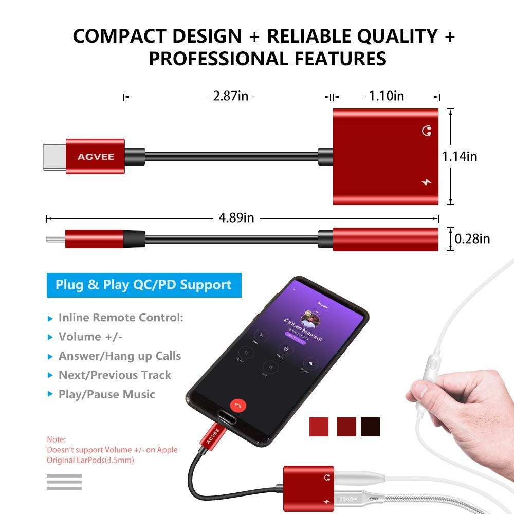 AGVEE 2-in-1 USB-C to 3.5mm Jack Microphone Headphone Adapter, Type-C Mic AUX Earbud Splitter, USBC Audio Earphone Converter, PD Charging Dongle for Samsung S21 S20 Note 20/10, iPad Pro, Pixel, White
