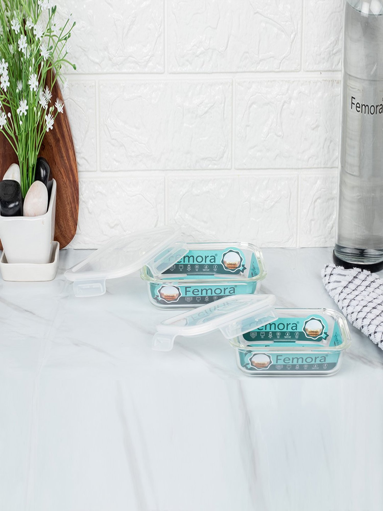 Femora Borosilicate Rectangle Glass Food Storage Container with Air Vent Lid-400ml,620ml(Set of 2)