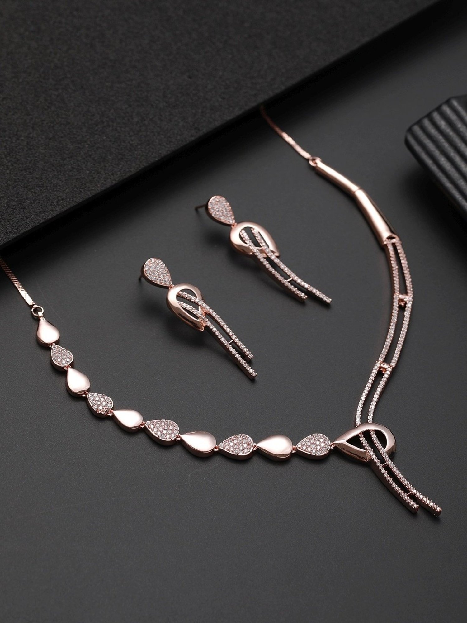 Aatmana Rose Gold-Plated Rose Gold CZ Studded Necklace Set