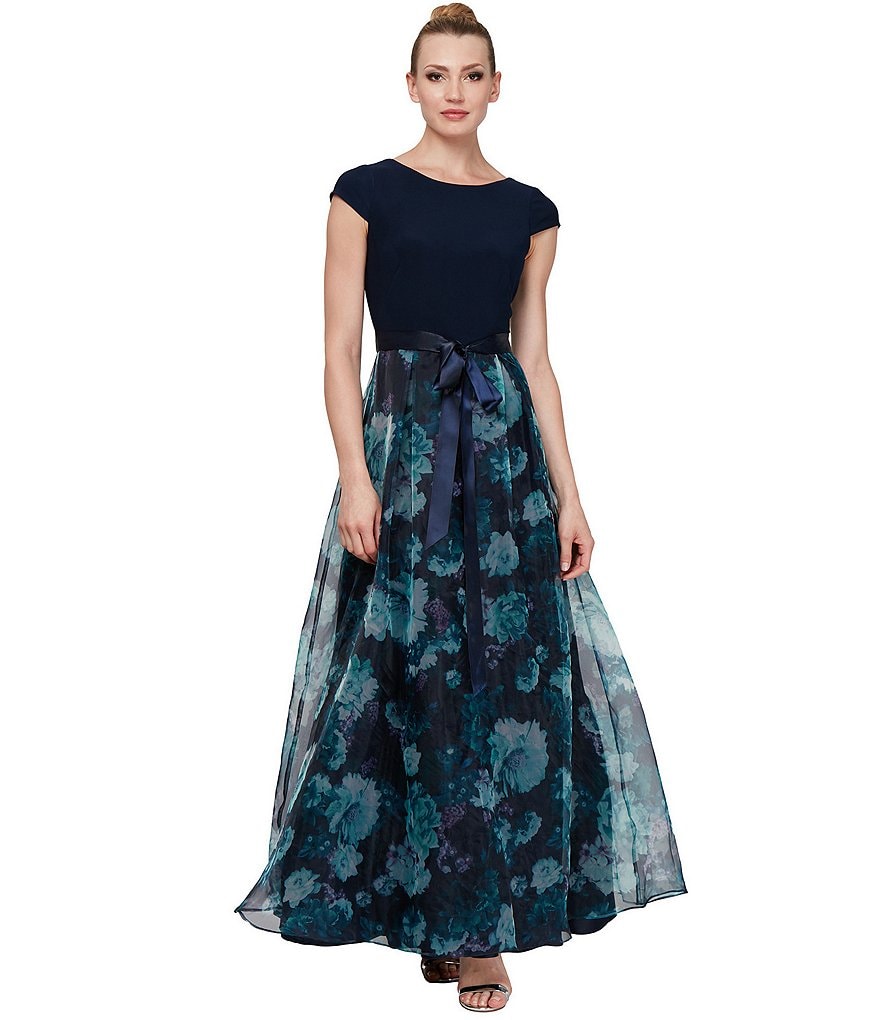 Ignite Evenings Floral Organza Cap Sleeve Bow Detail Gown