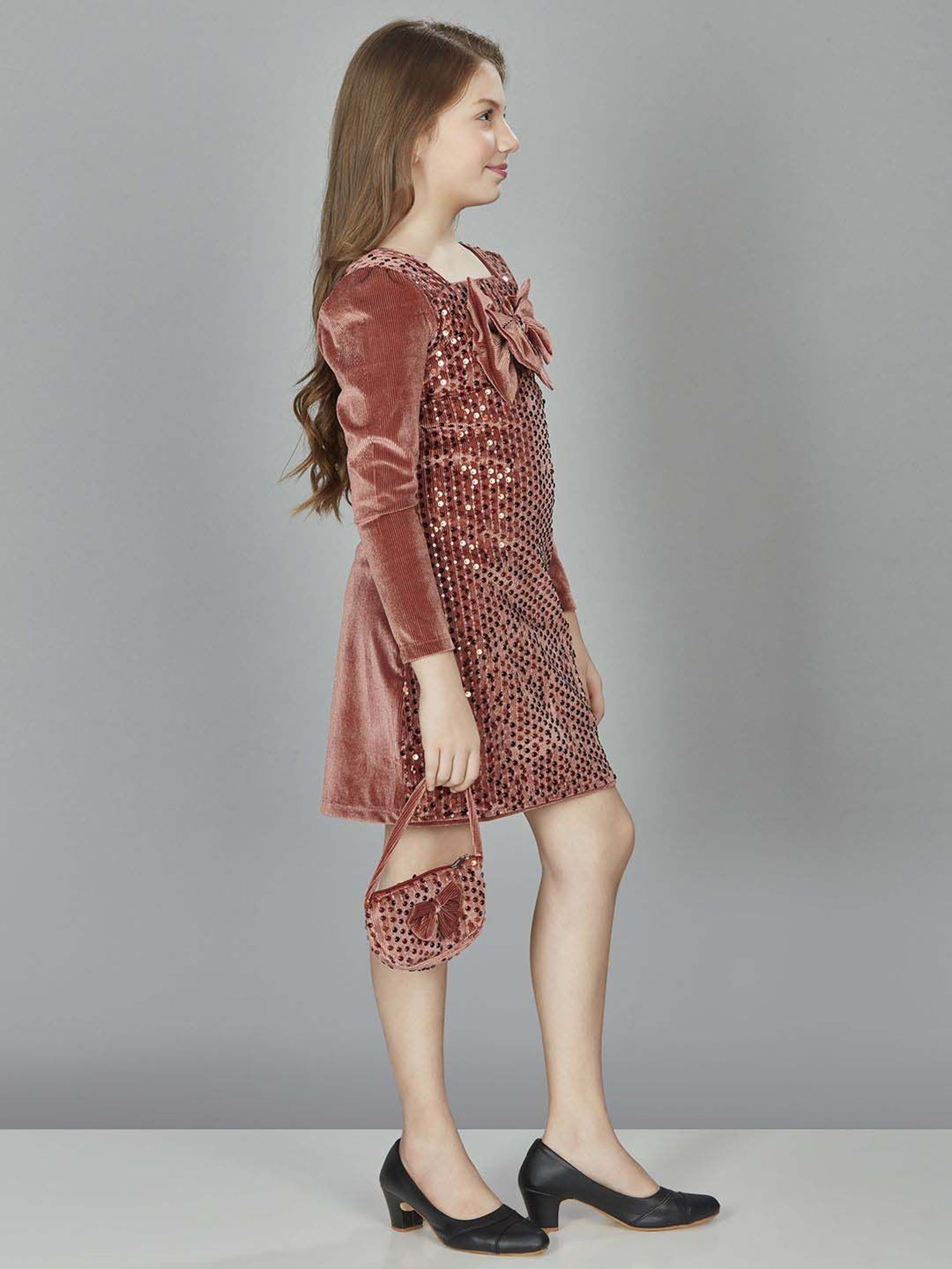 Peppermint Girls Rust Embellished Full Sleeves Dress
