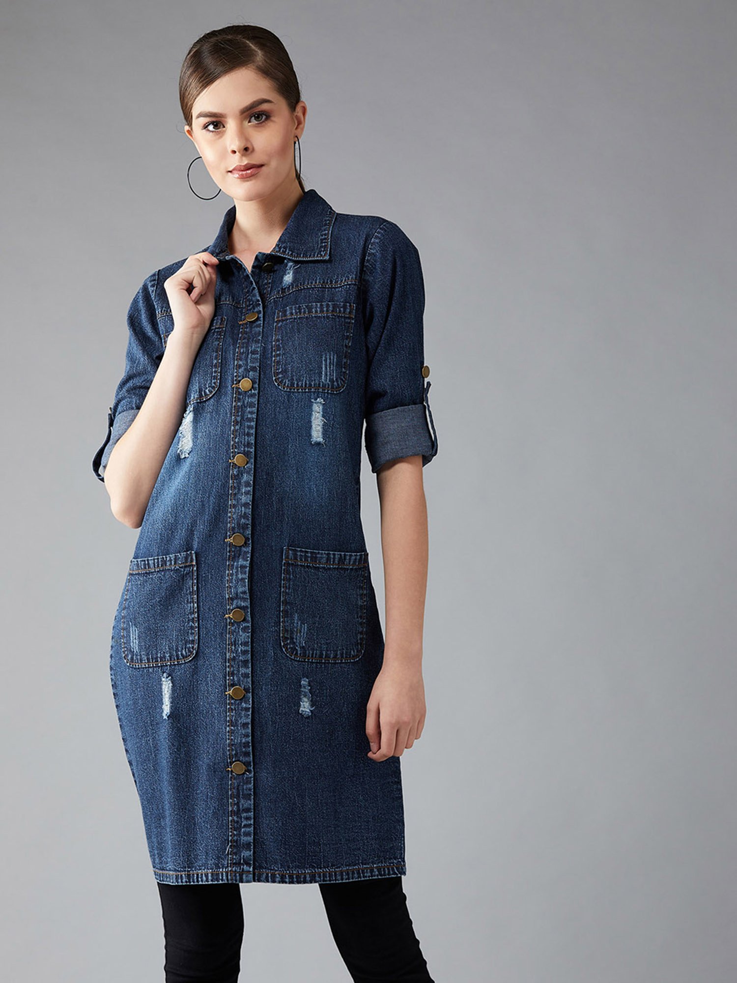 Miss Chase Navy Cotton Relaxed Fit Denim Jacket