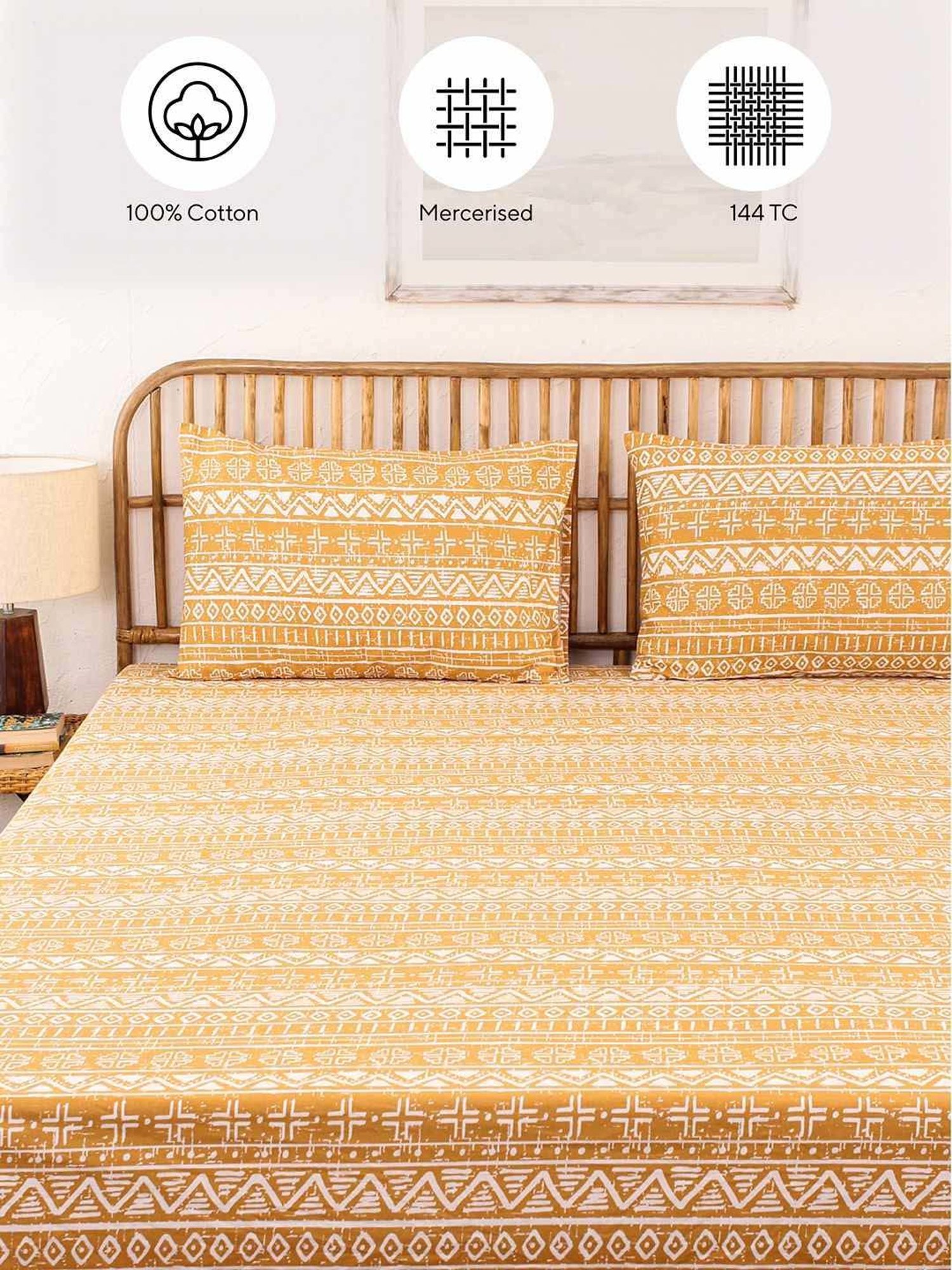 House This Kullu Patti Yellow 150 TC Cotton Fitted Bedsheet with 2 Pillow Covers