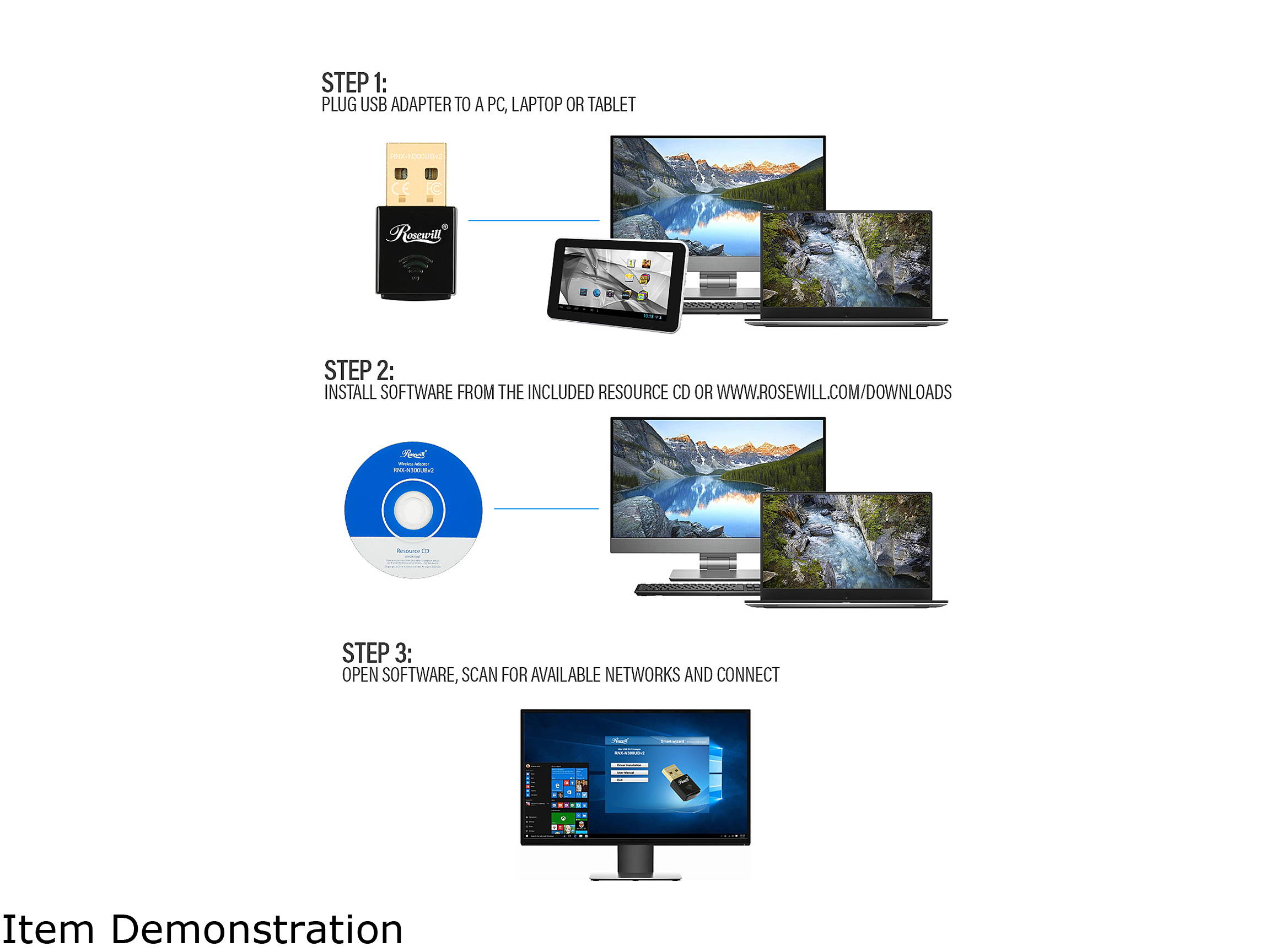 Rosewill N300 Wireless USB Wi-Fi Adapter, 300 Mbps Data Rate, USB 2.0