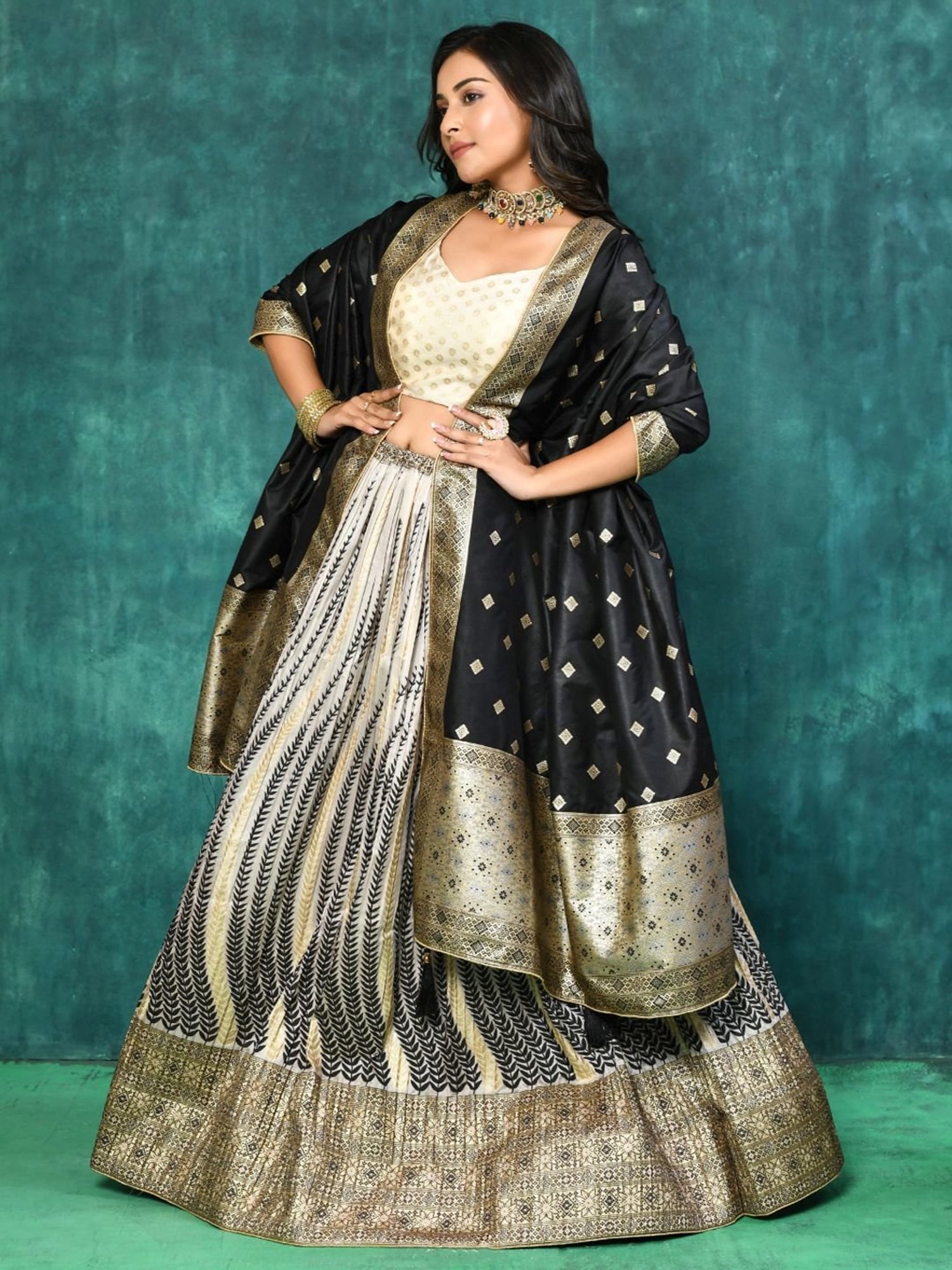Elora Black & White Woven Pattern Semi Stitched Lehenga Choli Set With Dupatta