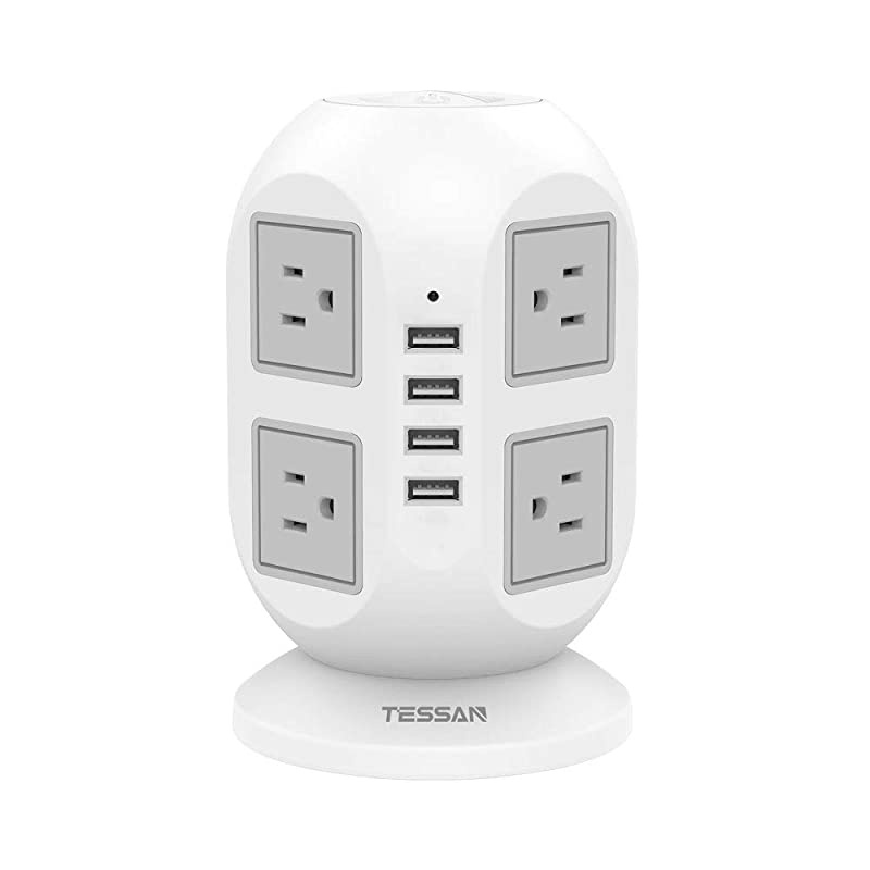 Power Strip Tower  Surge Protector 8 AC Outlets with 4 USB Ports Charging Station Long Extension Cord 10 Feet, Widely Spaced Multi Outlets, Circuit Breaker Safeguard for Home Office Dorm Room