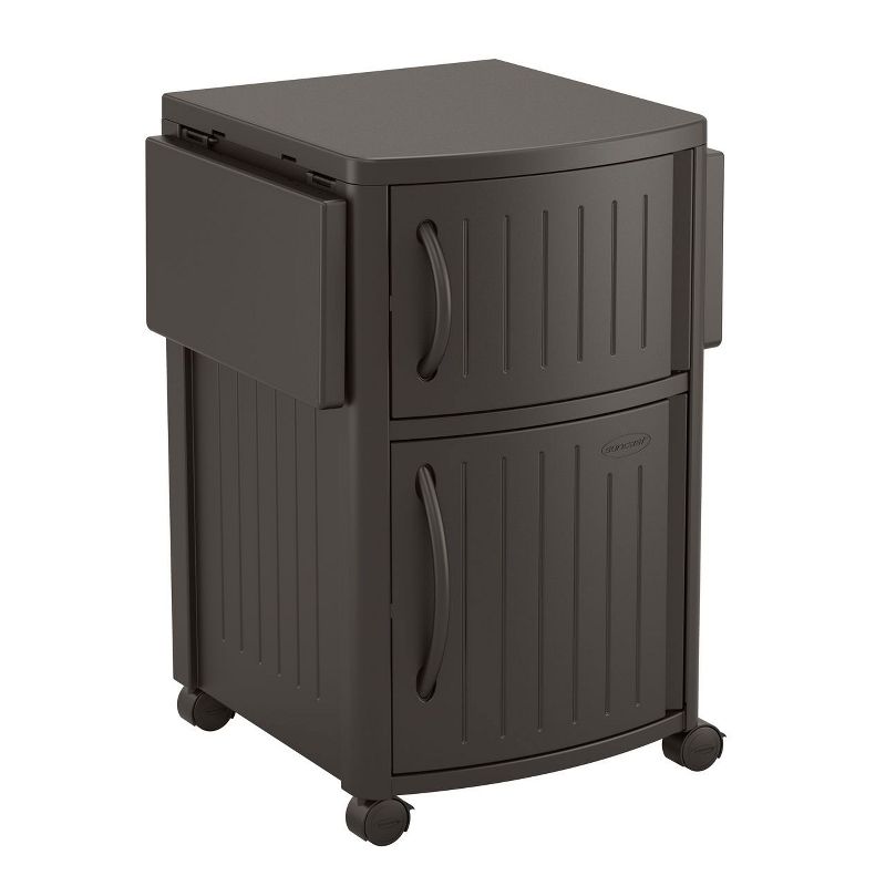 Suncast DCP2000 Portable Outdoor Resin Patio Grilling Entertainment Serving Prep Station Table with Cabinet Storage and Drop Leaf Extensions, Brown