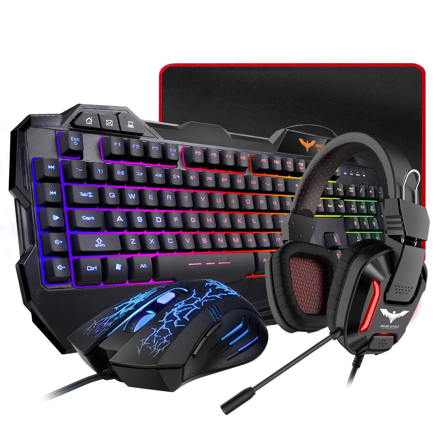 HAVIT Gaming Keyboard Mouse Headset & Mouse Pad Kit, Rainbow LED Backlit Wired, Over Ear Headphone with Mic for PC, Computer, Xbox ONE & PS4, Tablet, Mobile Phones