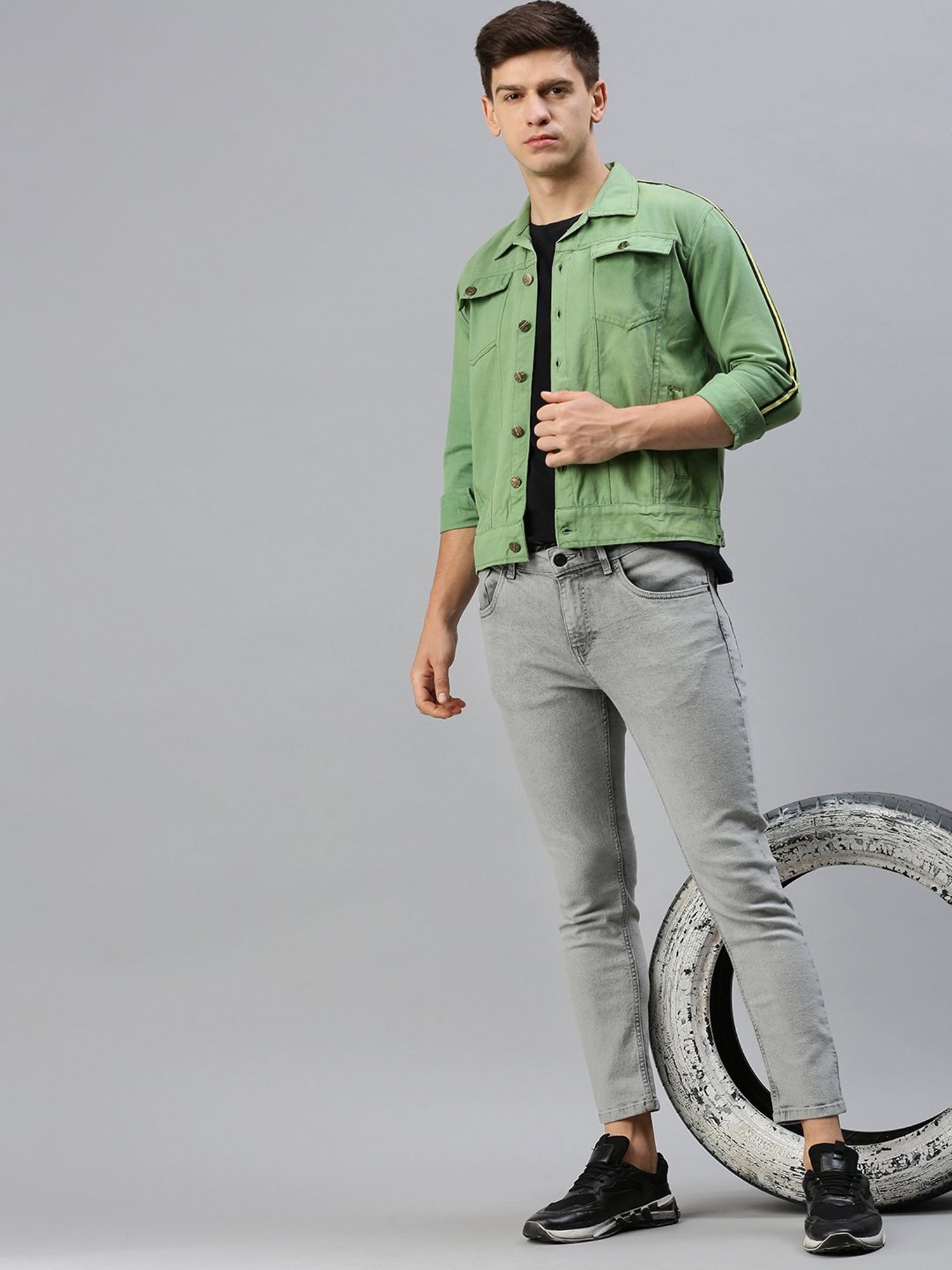 VOXATI Green Regular Fit Shirt Collar Denim Jacket