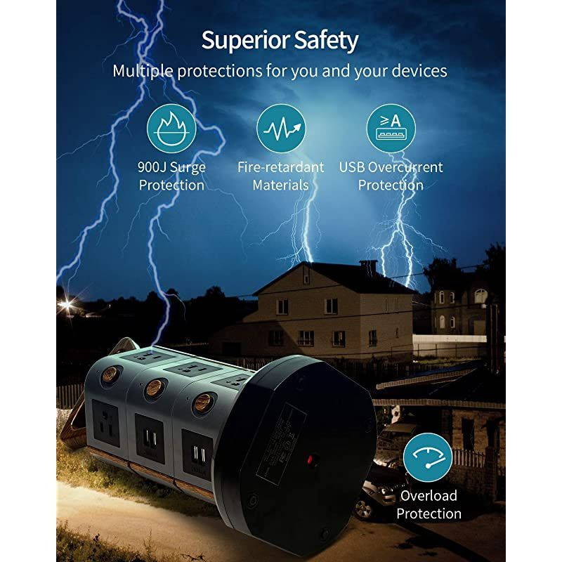 Power Strip Tower  Surge Protector Vertical Charging Station with 10 Outlets 4 USB Ports 65ft Retractable Extension Cord Desktop Plug Bar with Wood Grain for Home Office Dorm Room Hotel