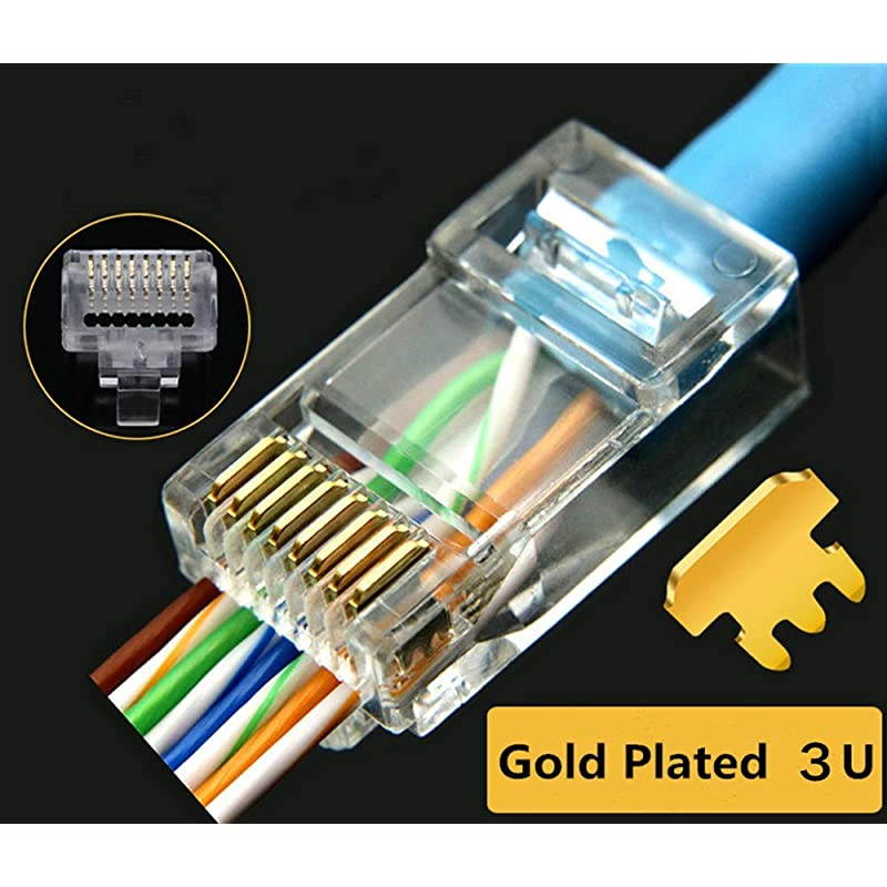 CAT5 CAT5e Connector End Pass Through Ethernet 8P8C GoldPlated Modular Plug 50 Pack