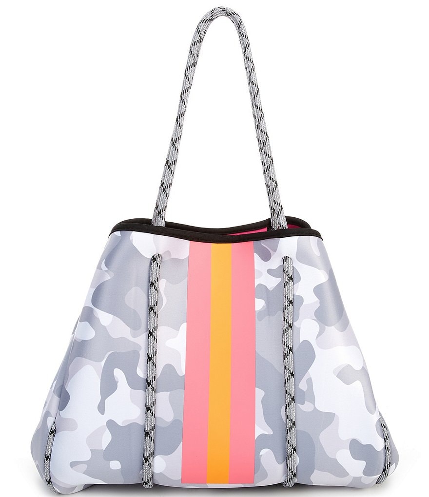 Parker & Hyde Neoprene White Camo and Coral Stripe Tote Bag