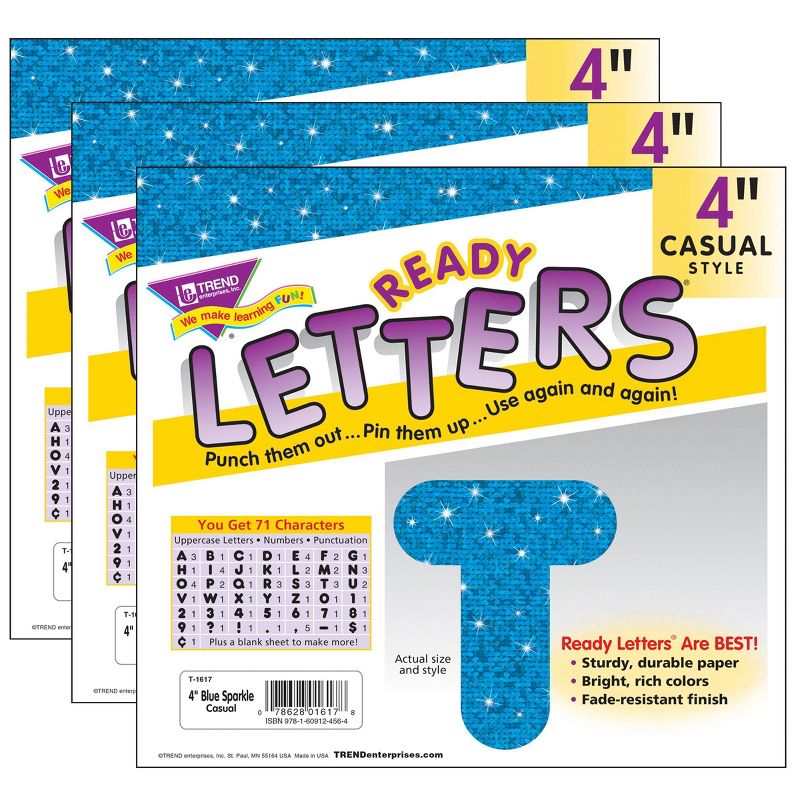 3pk 4" 71 per Pack Casual Uppercase Ready Letters Blue Sparkle - TREND