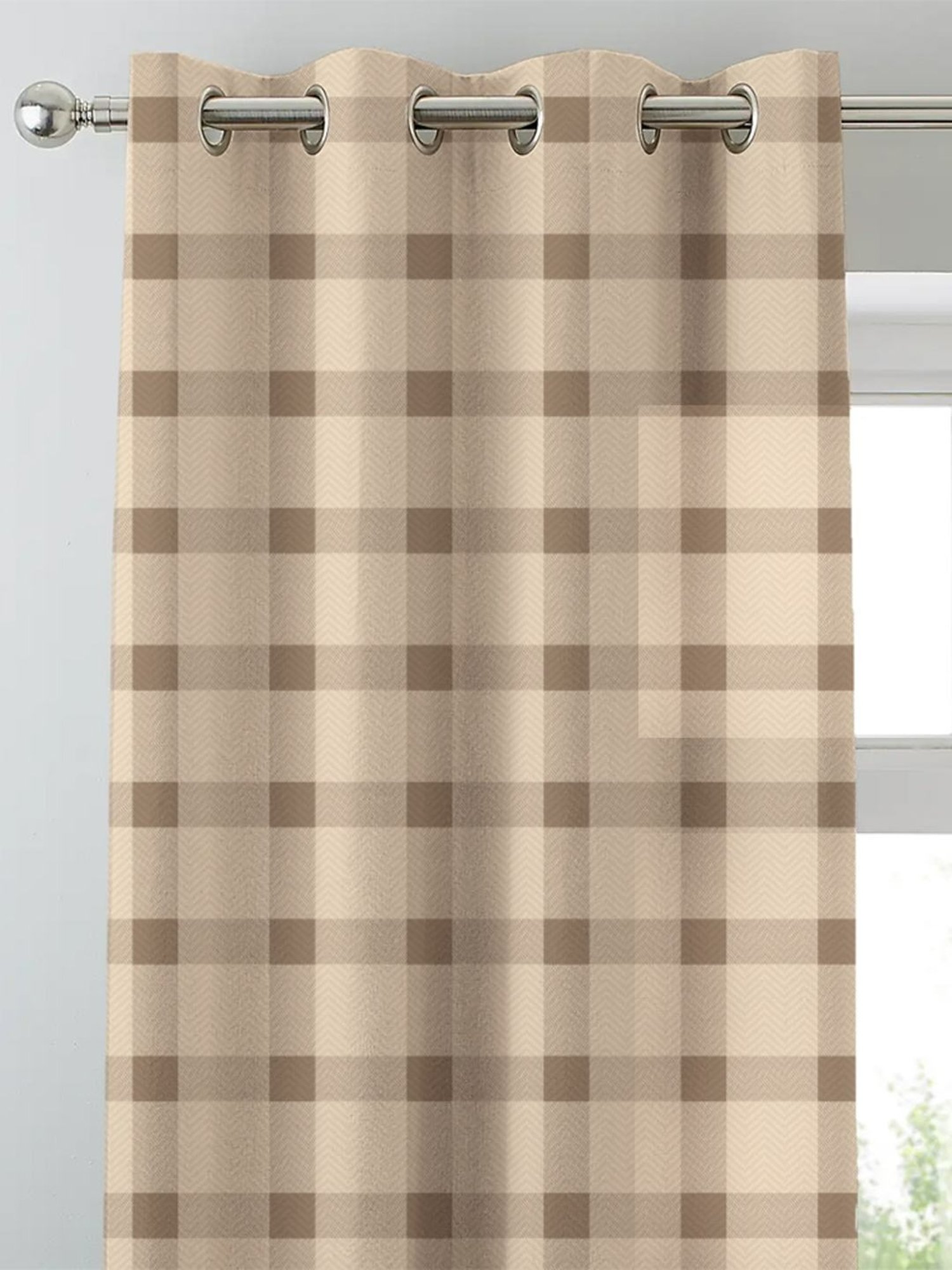 SPACES DRAPE STORY Boho Checks Beige Polyester 5 ft Window Curtains - Set of 2