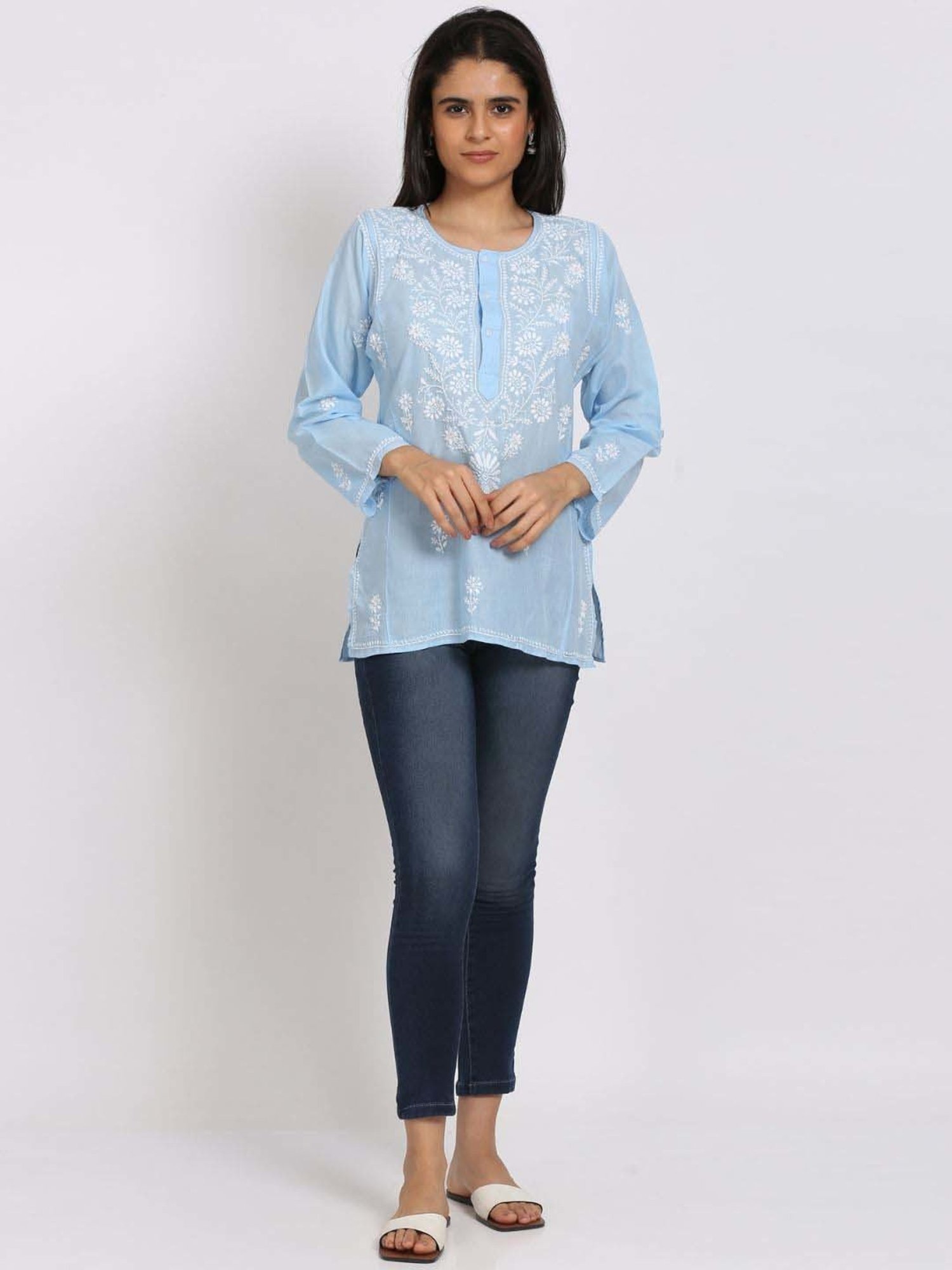 PARAMOUNT CHIKAN Powder Blue Cotton Chikankari Straight Kurti