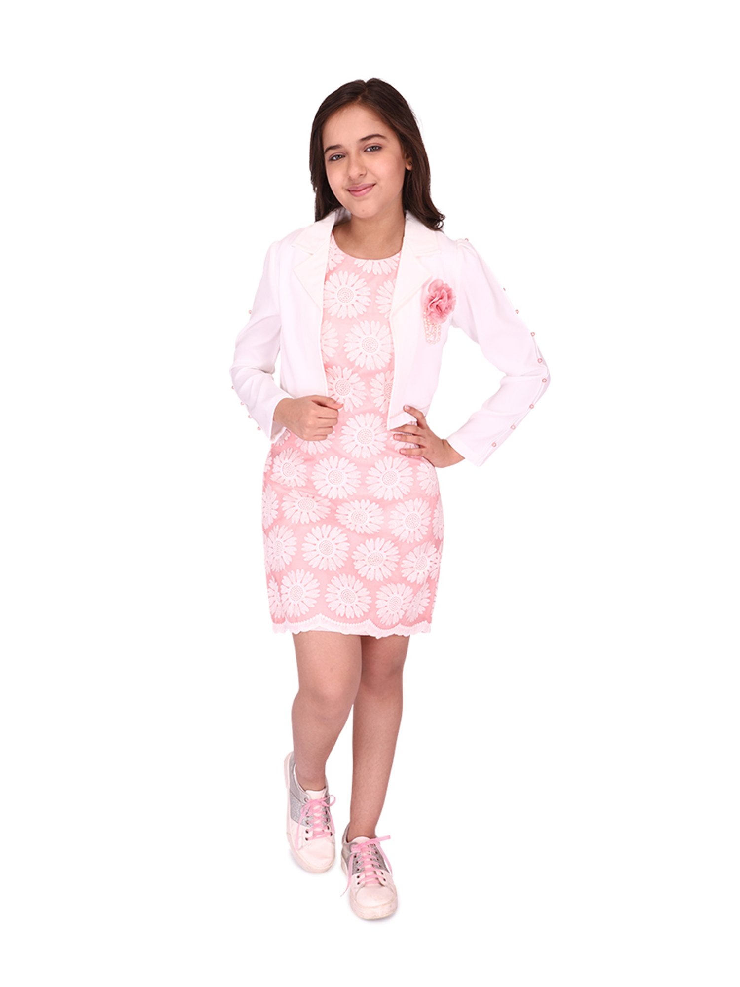 Cutecumber Kids Light Pink Floral Print  Shift Dress with  Shrugs
