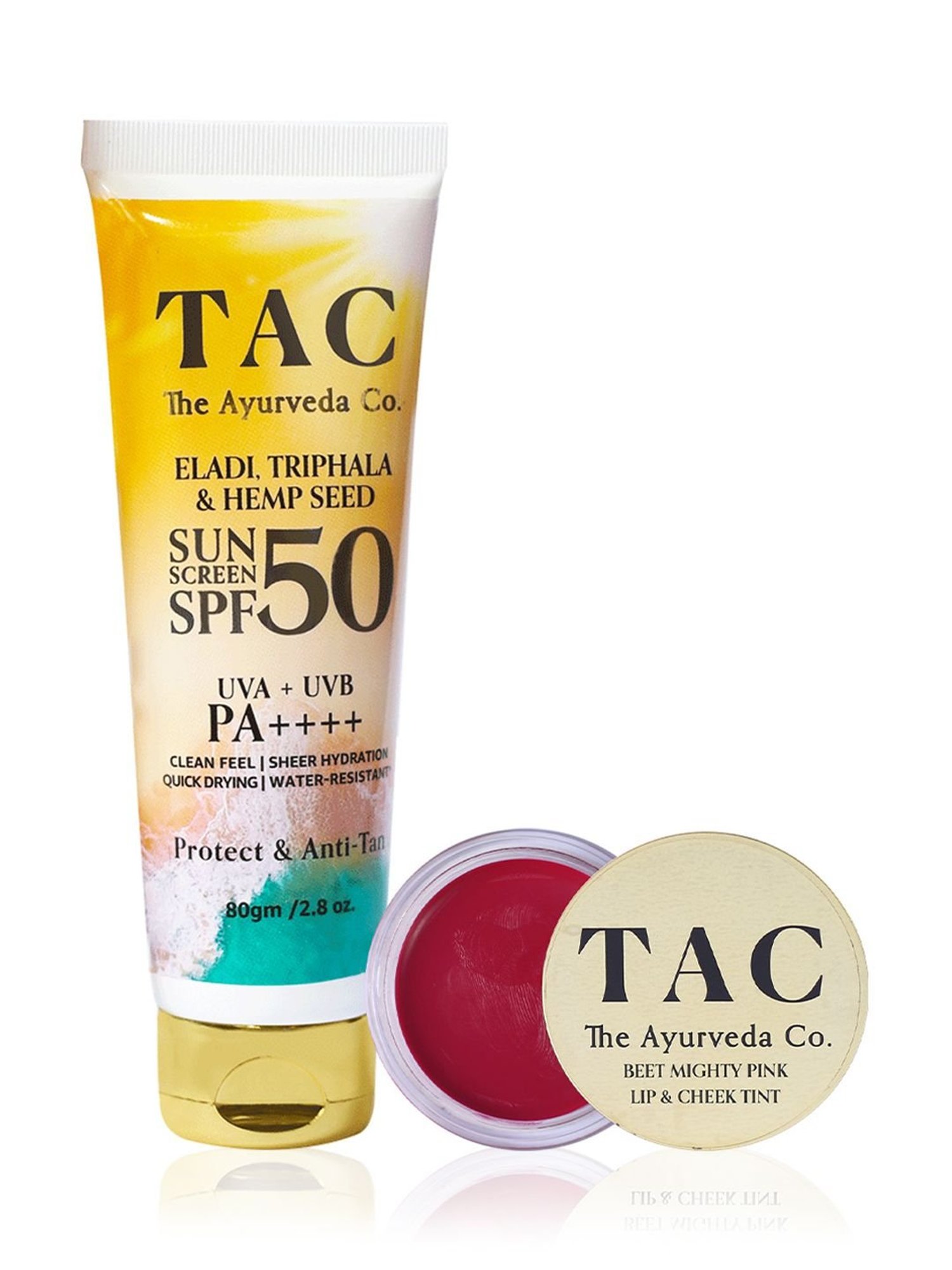TAC - The Ayurveda Co. Beet Lip & Cheek Tint & Eladi, Triphala & Hemp Seed SPF 50 Sunscreen