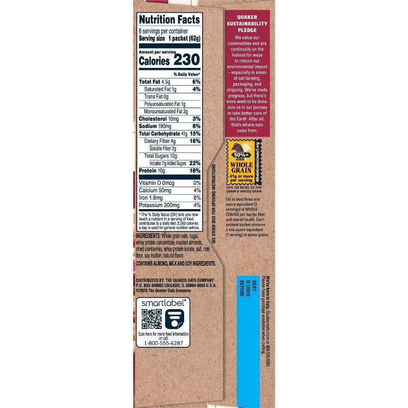 Quaker Protein Cranberry Almond Instant Oatmeal - 6ct