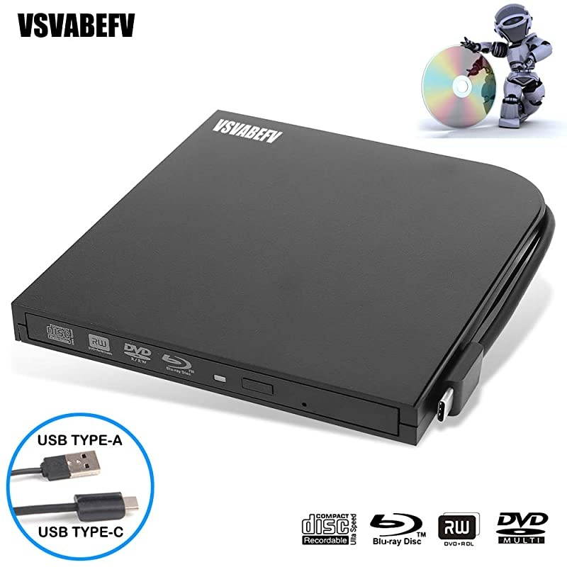External Blu Ray DVD Drive Burner Player USB3.0 Type-C Dual interfaces Portable Slim Automatic Slot-Loading CD/DVD-RAM/BD-ROM Superdrive +/- RW Reader with High Speed Data for Laptop PC